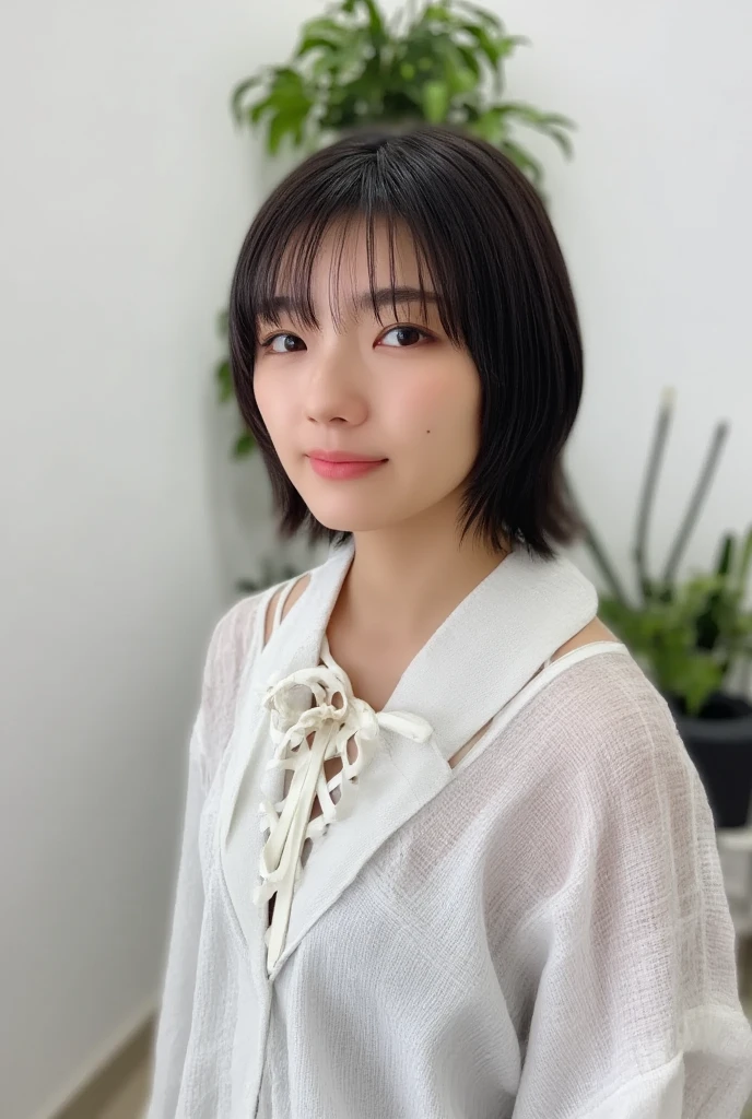 Raise your hand,gray dress,(highest quality、8K、32k、masterpiece、nffsw:1.2)、photo of cute japanese woman、long sleeve dress、very short hair、Photographed in natural light、Upper body、surface focus、simple necklace、Taken in front of the white door、From above、looking at the viewer、mix 4、(8K、Raw photo、highest quality、masterpiece:1.2)、(realistic、Photoreal:1.37)、1 girl、photon mapping、Physically based rendering、good looking、excellent image quality、High resolution、1080p、(cute face)、(Detailed facial description)、(Detailed explanation of the handsetter's muscle parts)、(Detailed CG)、hair is dirty、masterpiece、Rich details、(exquisite features)、(best image quality)、(masterpiece)、(detailed eye)、looking forward to your eyes、delicate clavicle、various poses