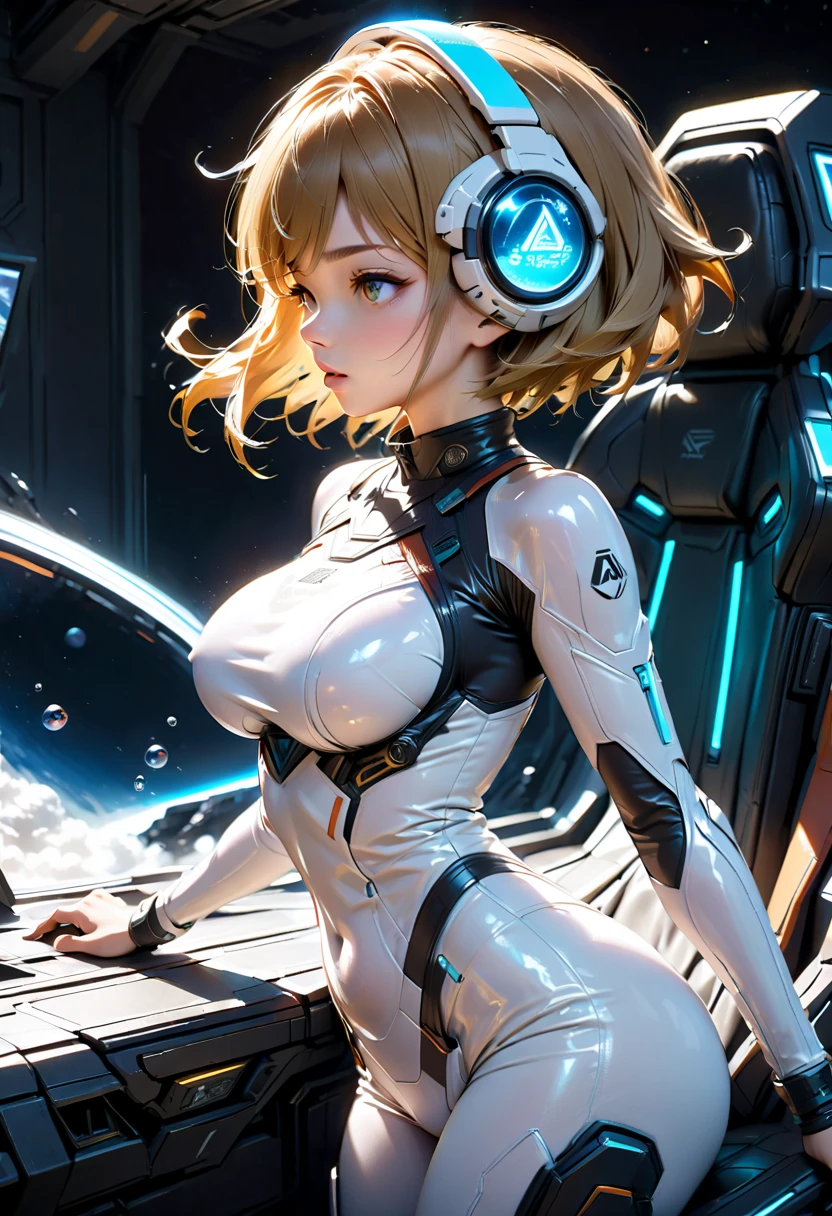 Woman with short blonde hair in a messy hairstyle、Create highly detailed full body portraits、Her eyes and lips are incredibly realistic., Capture a blank look as you stare straight at the viewer. Women depicted as cyborgs, She was clad in futuristic armor that included a crop top design.. A mind control device with a blue glass-like visor is apparently installed in her head.。. The stage is、It will take place in an advanced futuristic laboratory packed with complex technological components.。. Women are smooth, Futuristic table, Connected to a mind control device. The artwork is made to the highest quality (4K or 8K resolution), Highlight ultra-realistic details, High resolution, UHD resolution, Studio Lighting Technology. The artistic style features physically based rendering, Vibrant colors, A fascinating sci-fi concept art aesthetic.