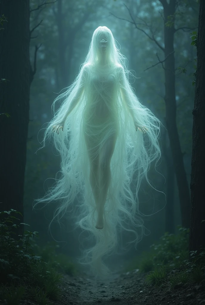 A hauntingly beautiful, ethereal white witch stands nude in the heart of an ancient forest, her ghostly form blending seamlessly with the misty, moonlit surroundings. Her pale, almost translucent skin glows softly under the faint light filtering through the dense canopy of trees, creating an otherworldly aura around her.

She is mesmerizingly beautiful, with long, flowing white hair cascading down her back like a silken waterfall, adding to her spectral allure. Her eyes, a piercing shade of icy blue, radiate both wisdom and an eerie, captivating power, reflecting the mysterious nature of her existence.

The contours of her slender, graceful body are perfectly defined, with every curve and detail accentuated by the interplay of light and shadow in the dim forest. The scene is alive with the quiet whispers of the wind and the rustling of leaves, enhancing the witch's connection to the natural world.

The forest itself seems enchanted, with ancient trees and creeping vines framing the witch, their dark forms contrasting with her radiant, ghostly presence. The soft, ethereal glow that surrounds her adds to the sense of mystique, making her appear both delicate and immensely powerful.

Captured in a full-body view, the witch's presence is both serene and awe-inspiring, embodying the perfect blend of beauty, mystery, and supernatural elegance."

