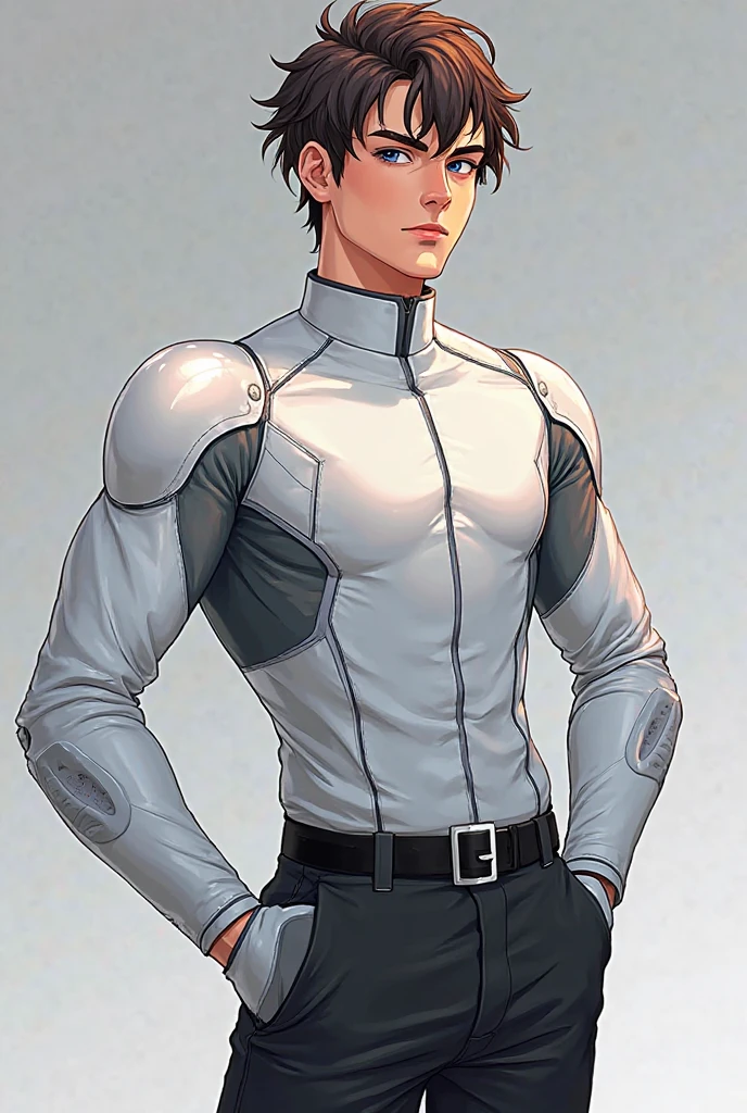 Handsome　Short cut　Very very short black hair　Age 25　A tight rubber suit in white and navy blue　Bulge　gloves　White tight rubber suit Future　universe　Black Hair　looking at the camera　up　The background is a light white color　Mega Bulge