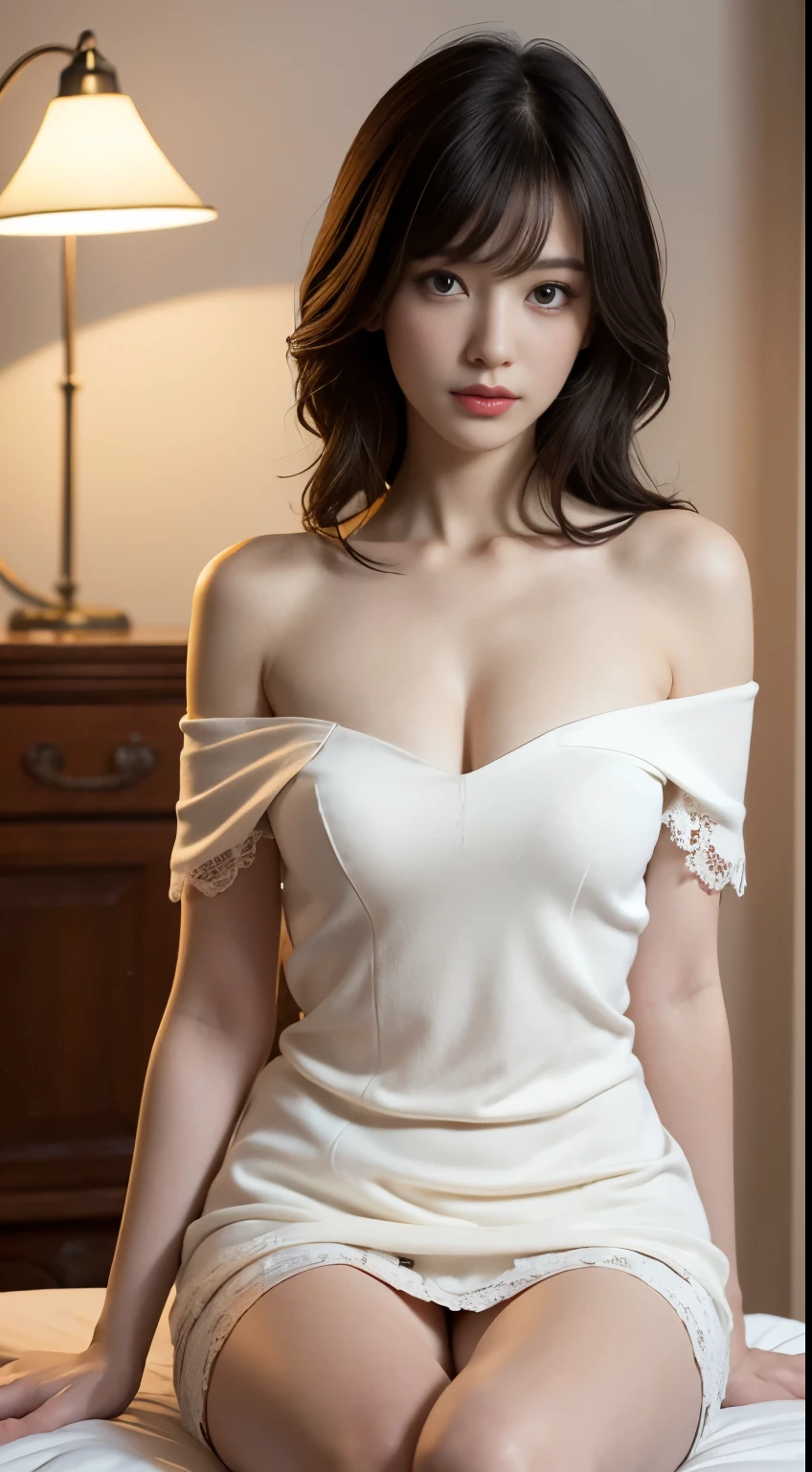 ((Top Quality, 8k, Masterpiece: 1.3)), 1 Woman, (big tits), (soft breasts), no bra, elected nipples, (skinny), sheer one-piece dress, Highlighted Beautiful Girl: 1.3, (Short Hairstyle, Big: 1.2), Plain Clothes: 1.2, Indoors, Ultra Detailed Face, Detailed Eyes,