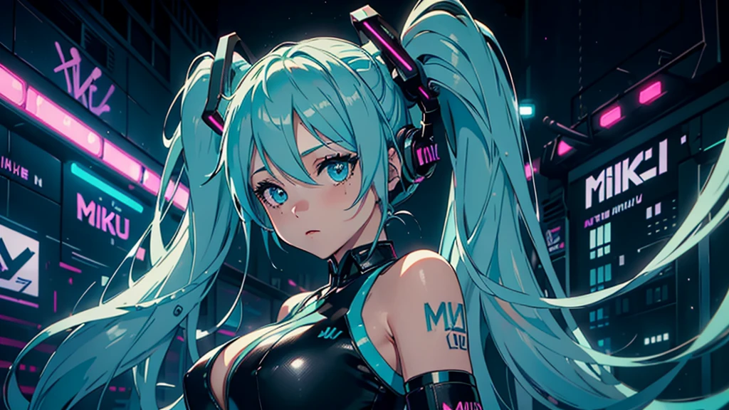 ((Highest quality))、(masterpiece)、Hatsune Miku VOCALOID、Twin tails、Light blue hair、Water-colored pupils、cyber punk、Big Ass、(Big Breasts)、Bodysuits、Sexy pose、12-year-old girl has electronic visor fitted to her face、red latex body、cyber punkモード、(Light blue hair:1.4),Breast enlargement、Neon lights in the dark city at night,Unreal Engine:1.4,Ultra-high resolution,La highest quality:1.4, Realistic:1.4, Skin Texture:1.4, masterpiece:1.8,masterpiece, highest quality,（Beautifully detailed eye depiction）