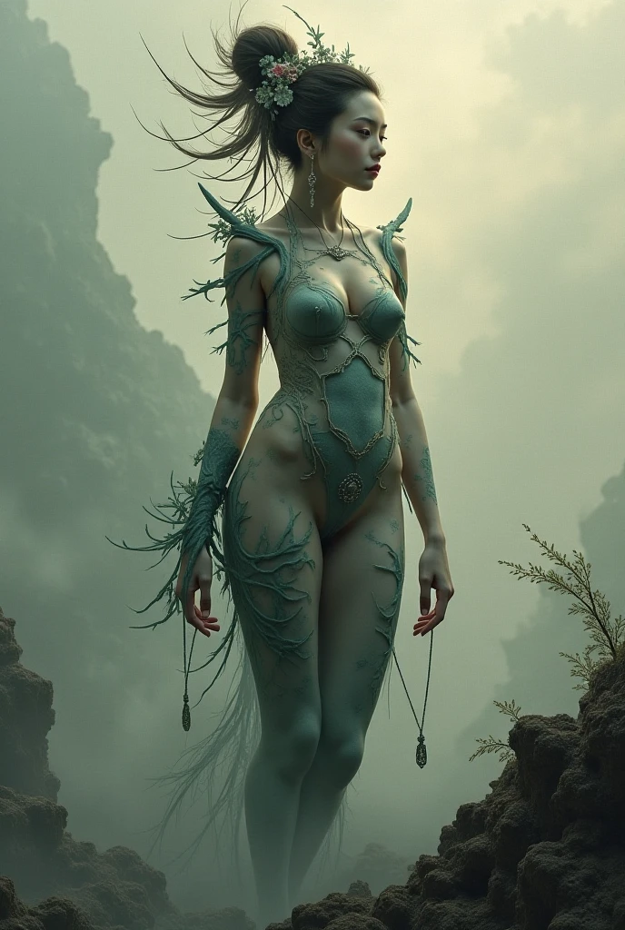 Rear view girl, growth,leaf,tree branch on head,branch,fractal, dissect, bone, girl made of branch, ink, scenery break melting, Ink painting style, ink splash, bird, flower, Plant Maiden, covered with moss, against the background of a tree with branches,
collarbone, girl, portrait of a girl from the back, 
leg like a branch, 
girl, back view, Young adult, [Nordic:Icelandic:0.5], age 25, girl height 190 cm, Hourglass elongated sexy fitness body, perfect Olive skin, Profile Angle, Long neck, Oval Face, bare broad shoulders, Sagittal Plane Curves, blades shoulders, spinal line, long slim fitness arms, well trained back, Rounded Jawline, snub Nose, High Round Narrow Symmetrical Cheekbone, Dimpled Cheek, Monolid Eye type, (blue eye), Short blonde Beach Waves pixie haircut Parting centre hair, Attached Pointed ear, shoulder blades, Hourglass-shaped hips, fitness round ass, toned round butt, long slim fitness legs, back dimples,  
hyperrealism, masterpiece, high resolution, best quality, ultra detailed, Hyperrealistic art, high quality, ultra high resolution, extreme detail, many details, Extremely high resolution detail, 
 the ribs of the svelet are visible, the head is deformed by a tree branch, the hand is deformed by a tree branch, the fingers are like branches, trees have grown through the body, 
smudges, tree on head, roots, branch with birds overhead, paint smudges,  
a branch grows from the ear, a branch grows from behind the head, the roots of a tree are like a spine, a river with a rock garden in the background,  symmetrical composition,