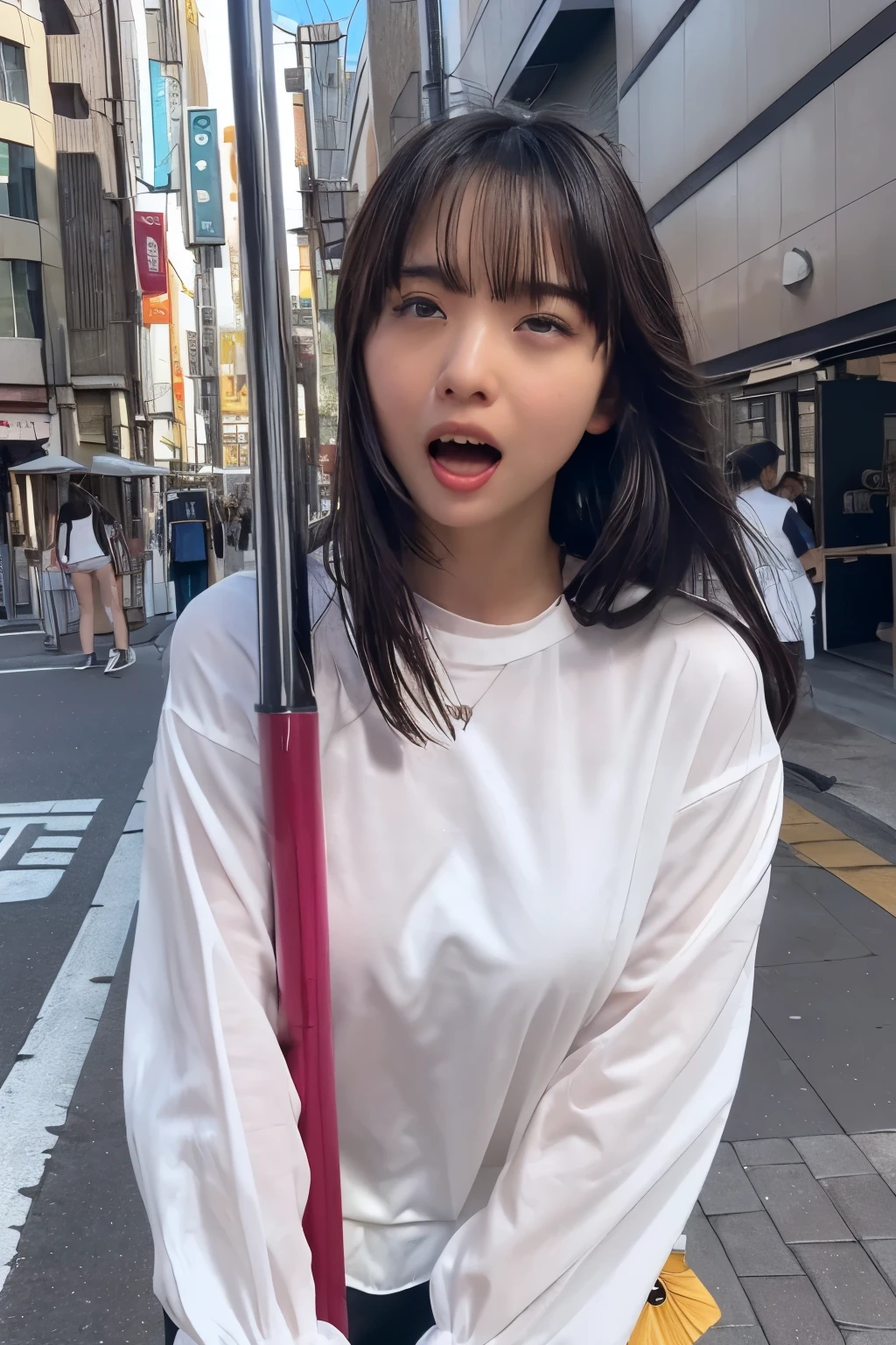Close-up of face, (lean against a pole:1.5), ( top quality, masterpiece:1.2), highly detailed , high res, 8k Wallpaper, perfect dynamic composition, Eyes with Attention to Details , look up at the sky, summer trend fashion, open mouth, licking, gape mouth, She squints her eyes, (orgasm face:1.5), Ecstatic Face, Climax expression, (Woman with open mouth and narrowed eyes, deep acme: 1.1), Surrounded by people, 20 years old, cute Japanese woman, sexy style ,in a busy city, Tokyo , camera sexy shot, summer fashion ,Summer clothes, see-through
