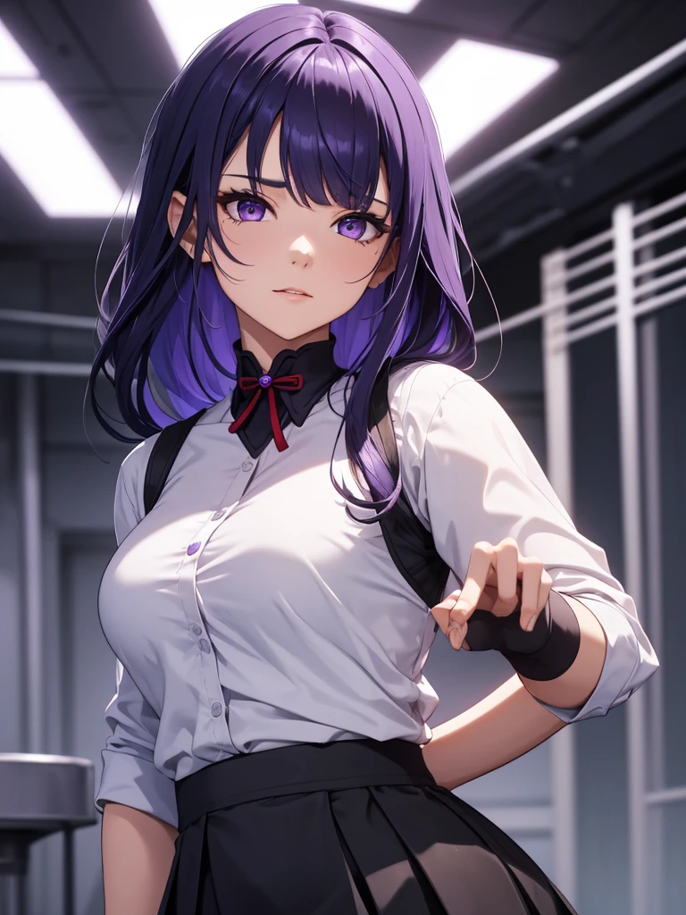 One girl, alone, bangs, blush, Place your hand on your chest, Jill Stingray, Long sleeve, View your viewers, Purple Hair, Medium chest, tie, shirt, alone, Upper Body, Best,  bartender, Best, white shirt,