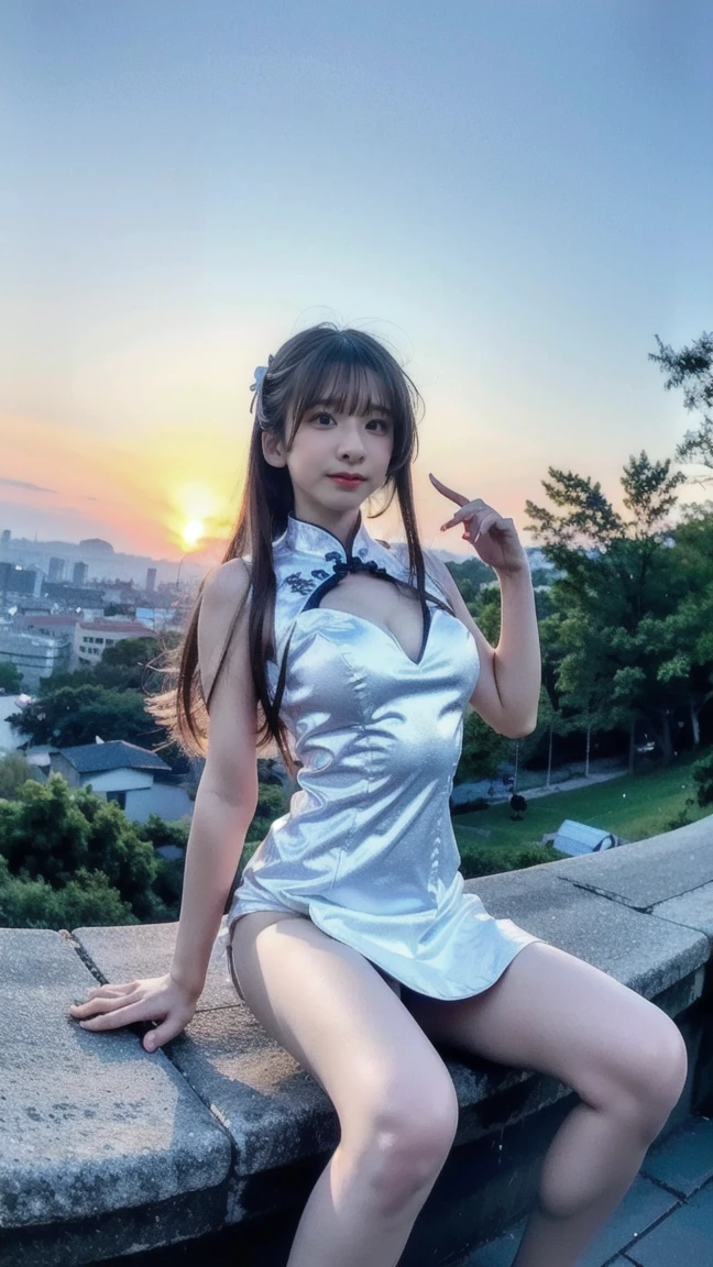 Japanese female, a lot of details, (underweight), 30 years old, detailed black hair, beautiful detailed hair, super fucking beautiful, delicate beautiful face, complex details beautiful and delicate eyes, perfect hands, (flat chest best quality:1.5), perfect and delicate limbs, detailed skin, best quality, ultra-detailed,(cheerful grin:1.5),
city, (car:1.2), mech, legs spread, making a V sign, long hair, white dress with gold decoration, japanese, in the city, at midnight, cyberpunk, dark atmosphere, full body shot, front view, low angle shot