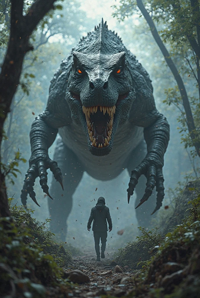 A very detailed painting,forest world, Depicts a man have a weapon on a hill gazing at a giant alien monster lightning rain breath, author:Shinkai Makoto, By Art Jem, From Wlop, author:Greg Rutkowski, Volumetric Lighting, Octane Rendering, 4K resolution, Popular on artstation, masterpiece ,flame magic