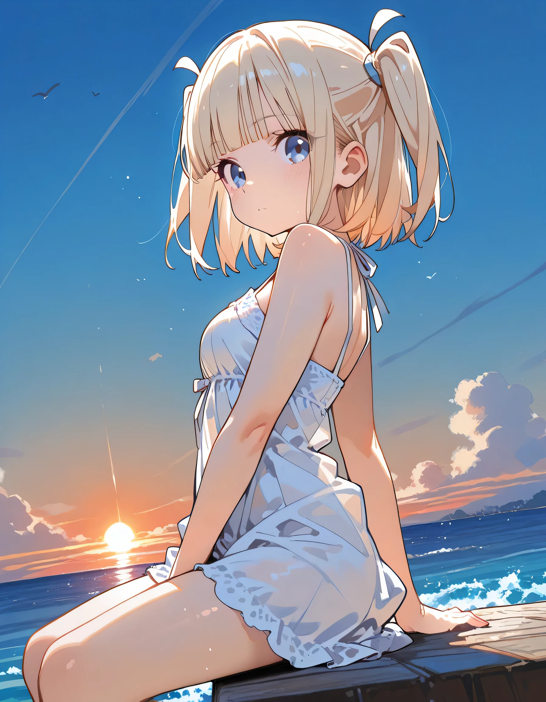 masterpiece, best quality, cute, anime screencap,
medium hair, blonde hair, green eyes, blunt bangs, dress, gigantic breasts, cleavage, strapless, halo,
blurry background, beach, sunset, depth of field, close-up, wind,