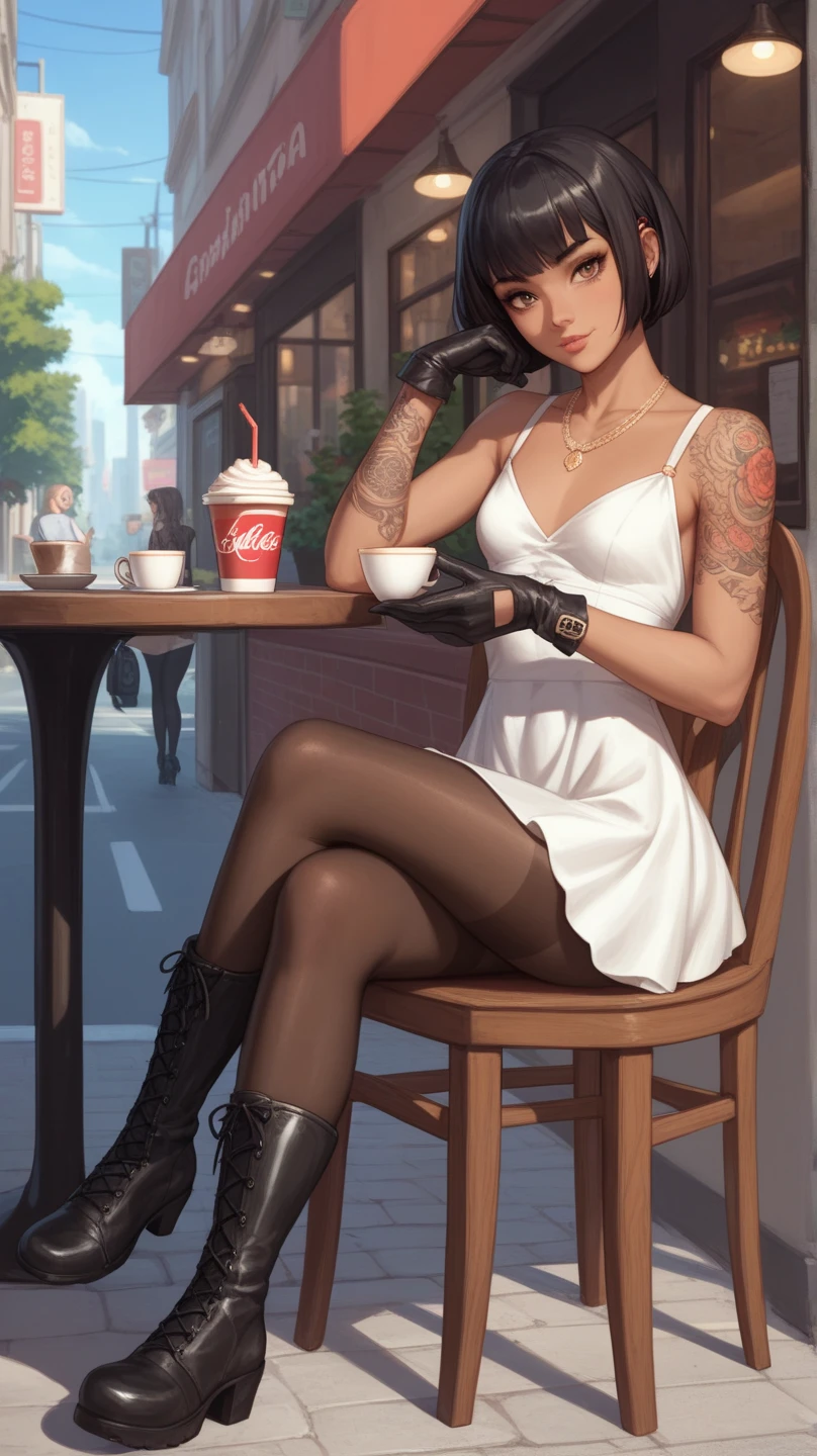 Black hair, 1girll, In the café, sit on chair, drinking a coffee, White neckline shirt, denim short, To the audience, Sit with your legs crossed, mediuml , Thin waist and thick hips, juicy legs, perfect bodies, The weather is hot, Sweat, wet see through clothes, Red hair, Curly hair, Moles under eyes, Moaning, surrealism, Verism, Fuji colors, Cowboy shot, in a panoramic view, 8K, Super detail, Anatomically correct, hyper HD, hyper HD, Super detail, Masterpiece
