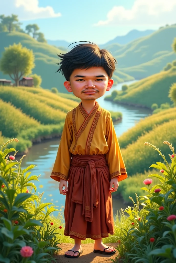 kor: age 25, khmer person , cambodia. Adult Height: 1, Physical constitution: Scrawny, but with defined muscles Skin color: light tan, with indigenous traits, smooth skin Eyes: black eyes, expressive and captivating Hair: black hair, straight and short of the 20th century. fleshy and red mouth, beautiful smile. indigenous clothing. Corpo inteiro Masterpiece, 8k, painting-like, photo by full body, handsome man.