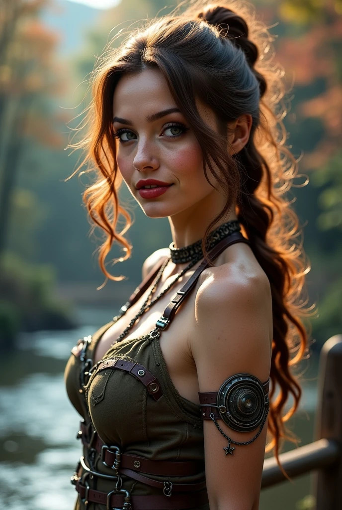 beautiful bbw redheaded woman, with pigtails, in beaded leather halter top, wearing elaborate war bonnet
