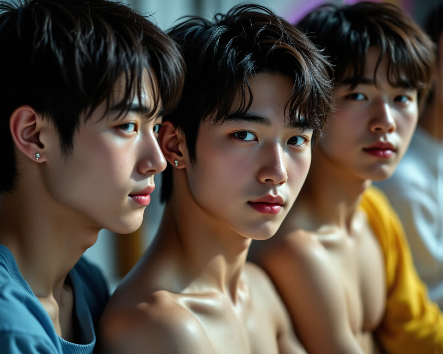 two boys, embrace, (natural, high resolution:1.3, Super fine face and eyes., 18 year old, six pack, muscular, strong, korean, topless, wearing jockstrap or thong, soft light, best quality,