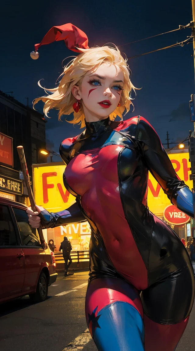 newyork, time Square, Harley Quinn, also known as Harley Quinn, is an iconic DC CoMikes character. She is a former psychiatrist named Harleen Quinzel, who became a criminal in love with the Joker. With his eccentric gaze, that mixes vibrant colors and a manic smile, Harley Quinn is known for her chaotic humor and unpredictable personality. She's an anti-hero, often fighting alongside villains, but also occasionally redeeming himself and collaborating with heroes. His tumultuous relationship with the Joker is a fundamental part of his story, while her intelligence and combat skills make her a fascinating and complex character in the DC universe, (slenderbody:1.5), (Minimal clothing:1.5), (breasts big: 1.5), (hanging breasts: 1.5), (disproportionate breasts: 1.4), (真实感:1.4), (realisitic:1.4), (absurdrez:1.4), 8k, ultra details, detailed gorgeous face,(just:1.4) , 1 girl, (frontal viewer:1.2), Intricate Body Details, (curved:1.3),( Mike:1.3)