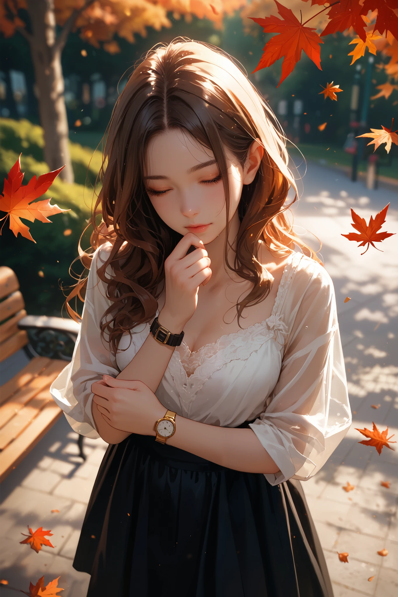 Close-up shot, high-angle view of a woman standing in a quiet park, her delicate wrist adorned with an elegant watch, the time clearly visible on its face, soft sunlight reflecting on the glass, her slender fingers gently adjusting the strap, long flowing hair partially covering her arm, blurred autumn leaves and park benches in the background, warm and serene atmosphere, capturing the essence of waiting and anticipation, emotionally evocative scene, Wrist up-to chest,