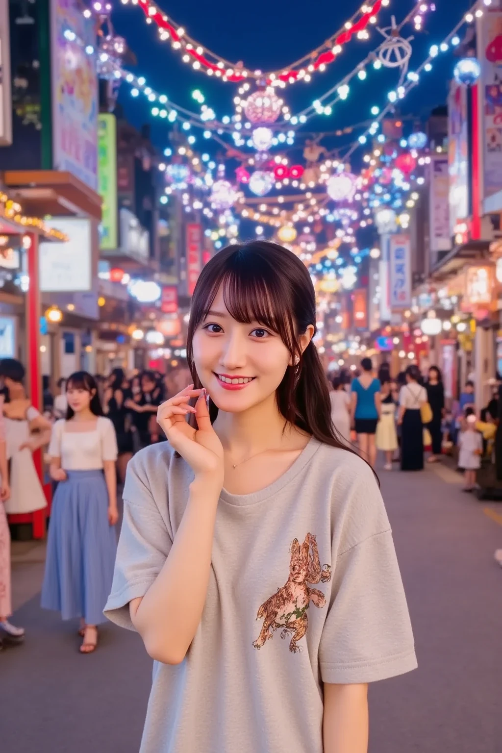 1girl, solo, highres, best_quality, masterpiece, detailed_background, intricate_details, beautiful, fukuoka, tenjin, cityscape, modern_fashion, casual_clothes, smile, looking_at_viewer, dynamic_pose, natural_pose, candid, happy