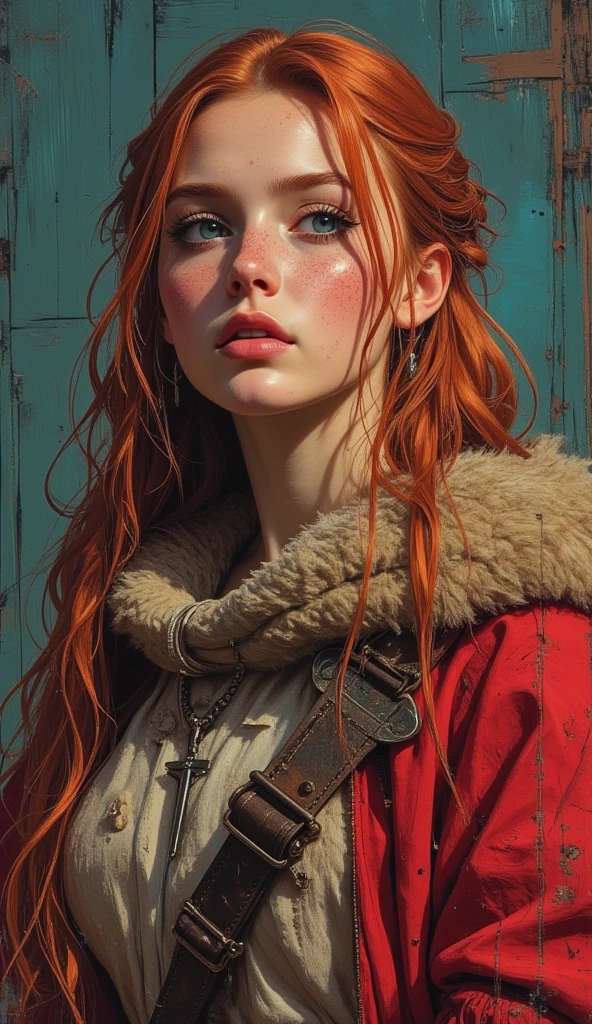 masterpiece, realistic, Photorealistic, ultra detailed, 8K, Raw photo, depth of field, Realistic light, Cinematic composition, skyscape with clouds, nightfall, depth of field, 35 mm, soft steampunk aesthetic, Kate Walker, full length portrait, short windblown skirt, smudge outline, like a "Syberia" game series, cute sexy, pleasure, depth of field, (Focus: 1.2), dark atmosphere, cinematic lighting, detailed face and skin texture, fine eyes, copper hair colour, action movie style, faded colours, steam locomotive on background