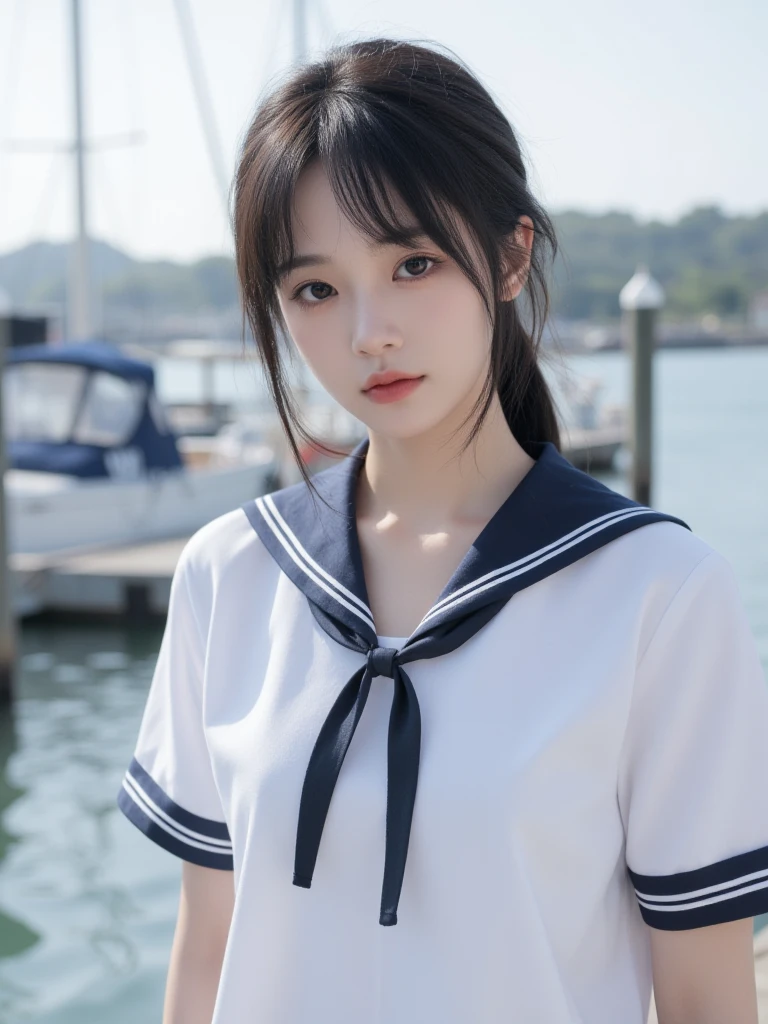 8k、RAW Photos、highest quality、Japanese Model、Young Sensual Gravure Idol、A young and cute gravure idol、リアルなYoung Gravure Idol、Real fleshy gravure idol、Young Gravure Idol、A sophisticated gravure idol、Young and thin gravure idol、The most beautiful Asian girls of all time、Sailor suit、mini skirt:1.5、Beach,Blur the background、bangs、Wet and shiny eyes、Staring straight ahead、Looking up、Pull your chin in、Big Breasts、