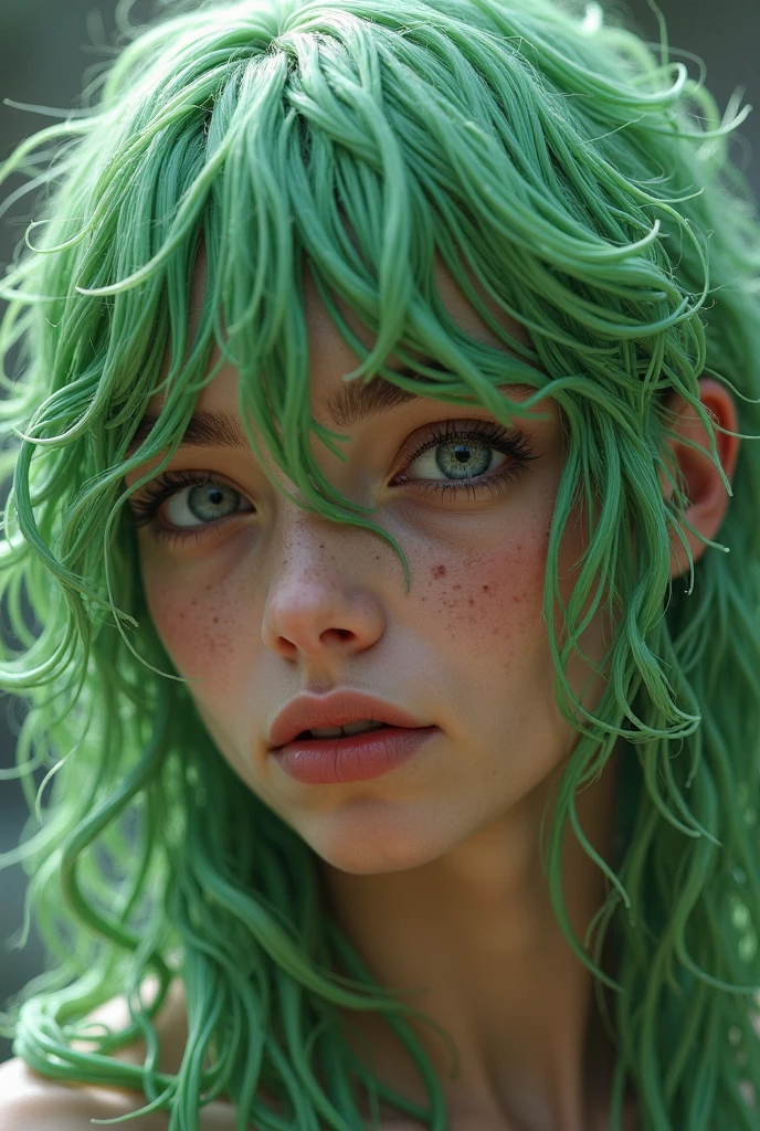 (trompe-l'oeil style, illusion, realistic, highly detailed:1.15), <lora:sd15_JamieDuff_v1:.9> JamieDuff, focus on eyes, close up on face, laughing, vibrant green color hair styled shaggy layers, black and white