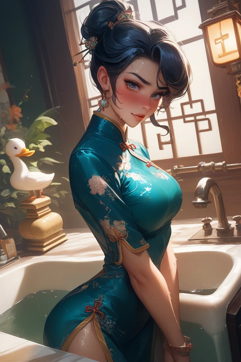 ((((masterpiece, best quality, high resolution)))), very detailed 8K, Beautiful girl with a slender body, (Ultra HD, very detailed, very detailed, very realistic, surreal, realistic photo), (1 woman:1.5), (Realistic black hair), (short wavy hair), bob cuts, Towards the camera, (Beautiful detailed face, beautiful and delicate eyes), wide hips, (huge breasts), (green_chinese dress, chinese clothes, short dress:1.3), (cowboy_firing:1.3)