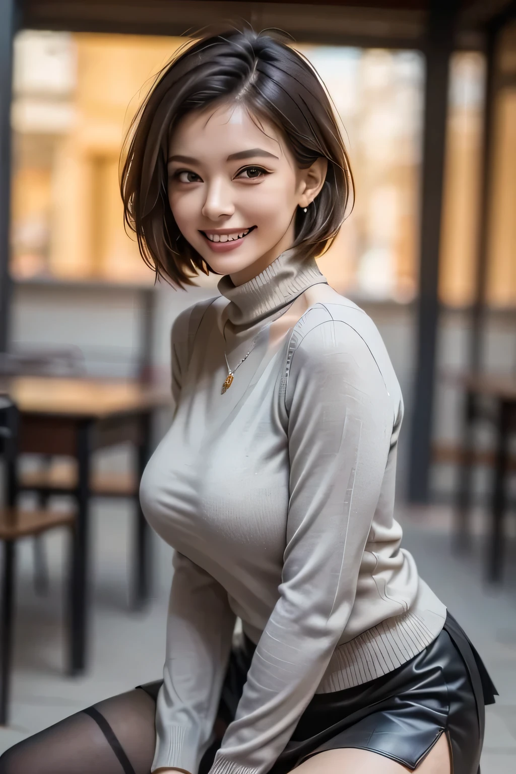 (1 girl), (ultimate beauty), middle aged, highly detailed face, detailed eye, double eyelid, eyelash, grin and laugh, beautiful teeth, lip details, brunette bob, ((just the face)), ((Brown turtleneck sweater)), soft light, (background: living room at home), ((Depth of written boundary)), 8k, RAW photo, highest quality, masterpiece, realistic, Photoreal
