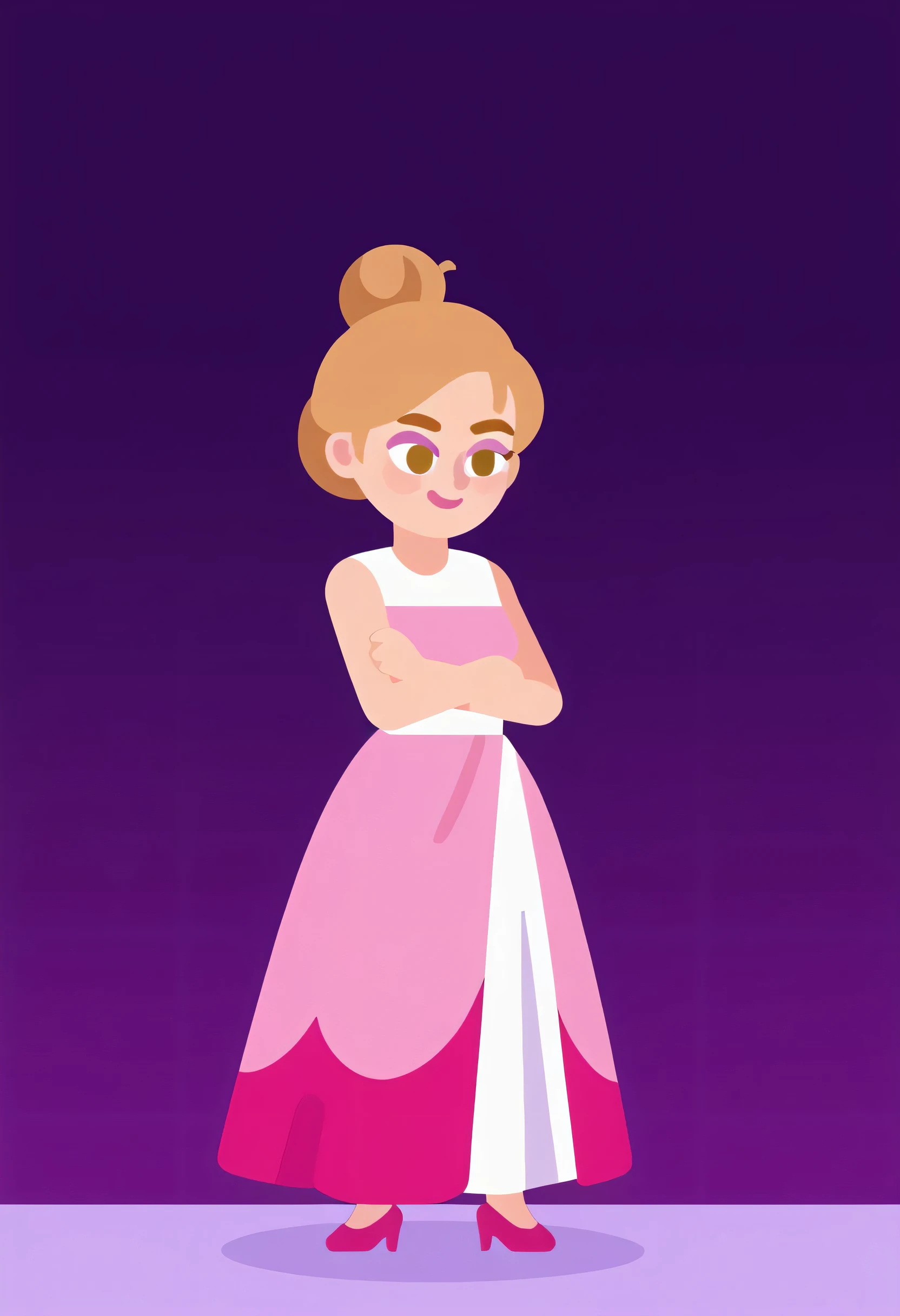 {{masterpiece}}, {{incredible quality}}, {{full HD}}, vector art, flat design, modern digital illustration. A confident young woman with fair skin and light brown hair, styled in a sleek low bun. She wears a stylish yellow sleeveless dress, radiating self-assurance and authenticity. She stands with a poised and upright posture, her arms crossed gently yet assertively, conveying strength and self-confidence. Her warm, genuine smile and expressive eyes add to her natural charisma. The background features abstract pink and beige organic shapes, complementing the uplifting and modern aesthetic. The smooth linework, soft shading, and harmonious colors create a polished and inspiring illustration.