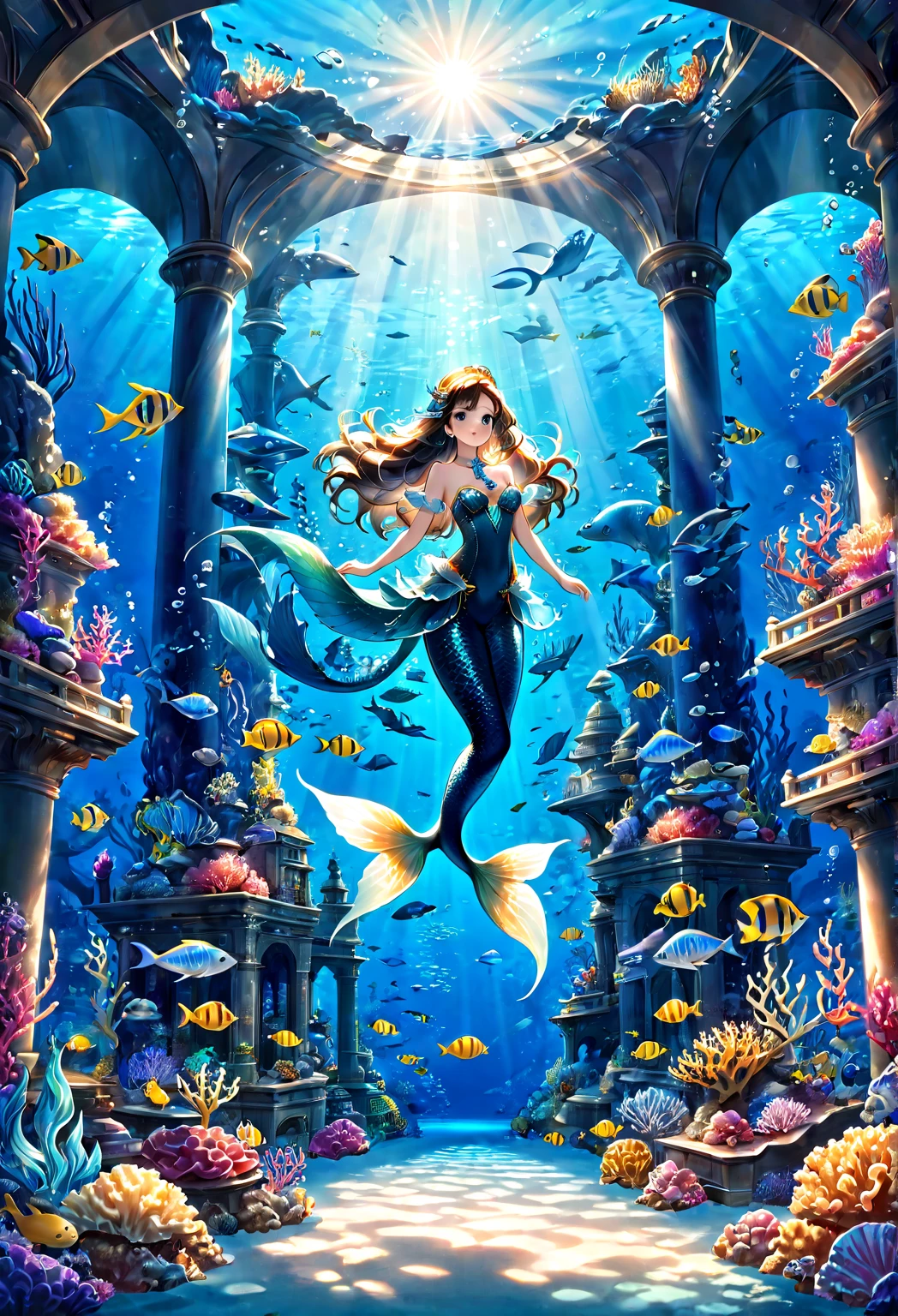 Mermaid Princess, by Studio Ghibli, best quality, masterpiece, very aesthetic, perfect composition, intricate details, ultra-detailed