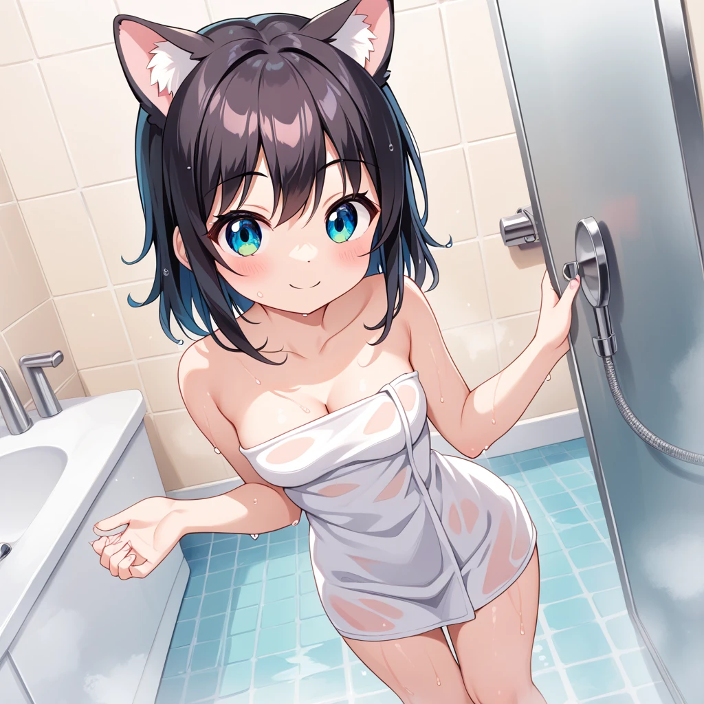 Cat, young female/ adult male, kemono, small arms and legs, happy face, taking a shower, bubbles, water, duo, penis, small breats, pussy, looking under, below view, 