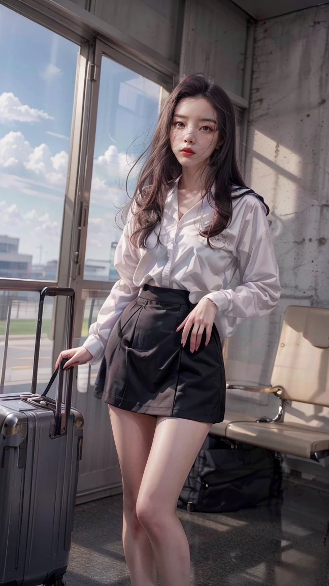 top-quality、masterpiece、超A high resolution、(Photorealsitic:1.4)、Raw photo、女の子1人、Brown hair with bangs、drooing eyes、thin-waist、Colossal tits、CA Uniform、On the plane、slim figure、Light smile with visible teeth