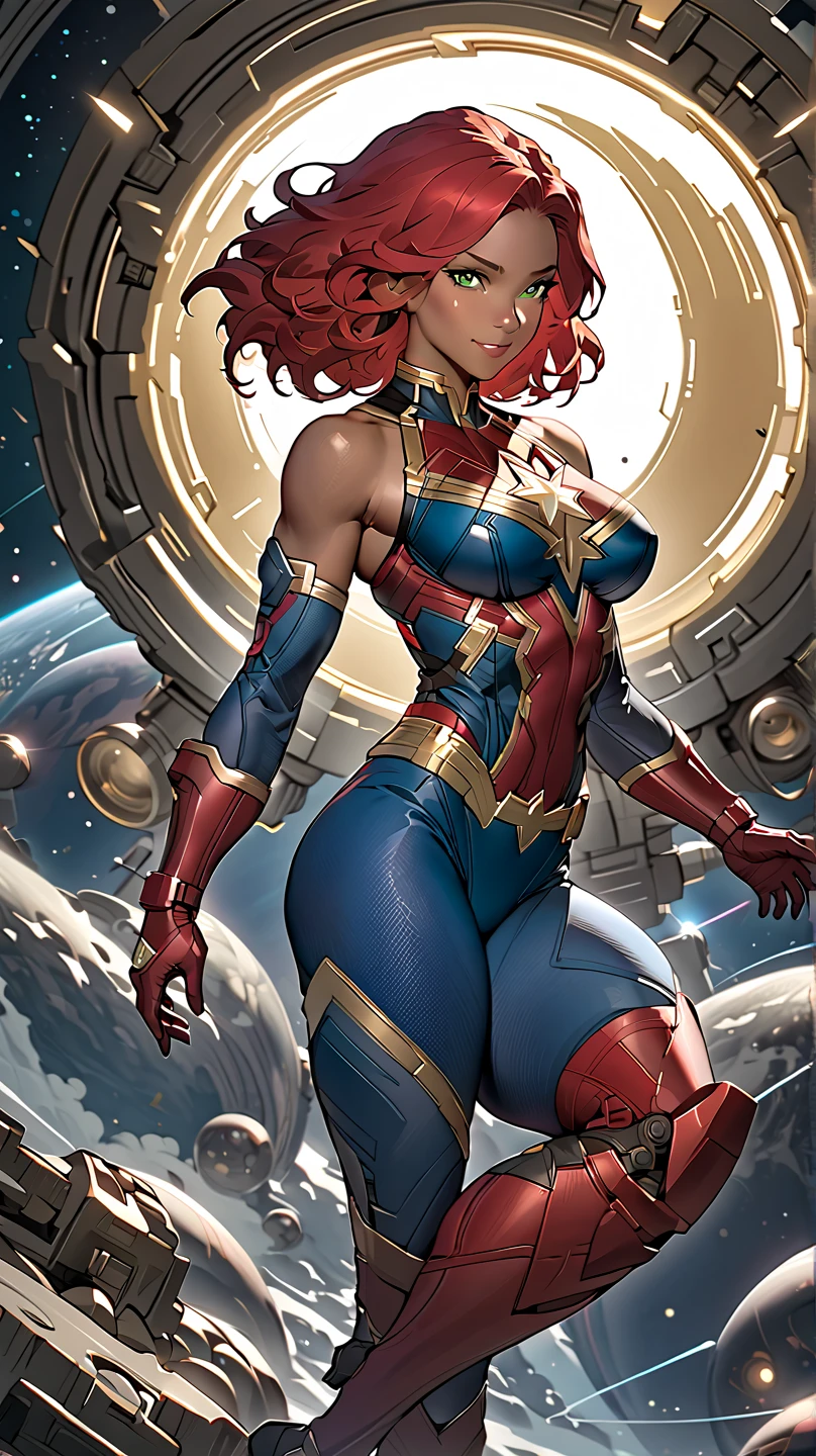 score_9, score_8_up, score_7_up, score_6_up, (((masterpiece))), (((Best Quality: 1.5))), Sexy, Superheroine, Red hair, long hair, busty, plump, curvy, ((blue highleg leotard with a t-back thong and a gold star insignia on chest)), gold boots, gold gloves,
