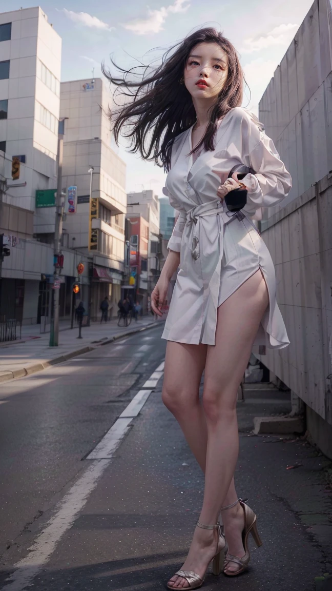 混合 4,20d, solo, long_hair, shirt, dress, high_heels,full_body, look_at_viewer, (8k, RAW photo, best quality, mastery:1.2), (realistic, photo-realistic:1.37), professional lighting, photon mapping, radiosity, 物理基于渲染,