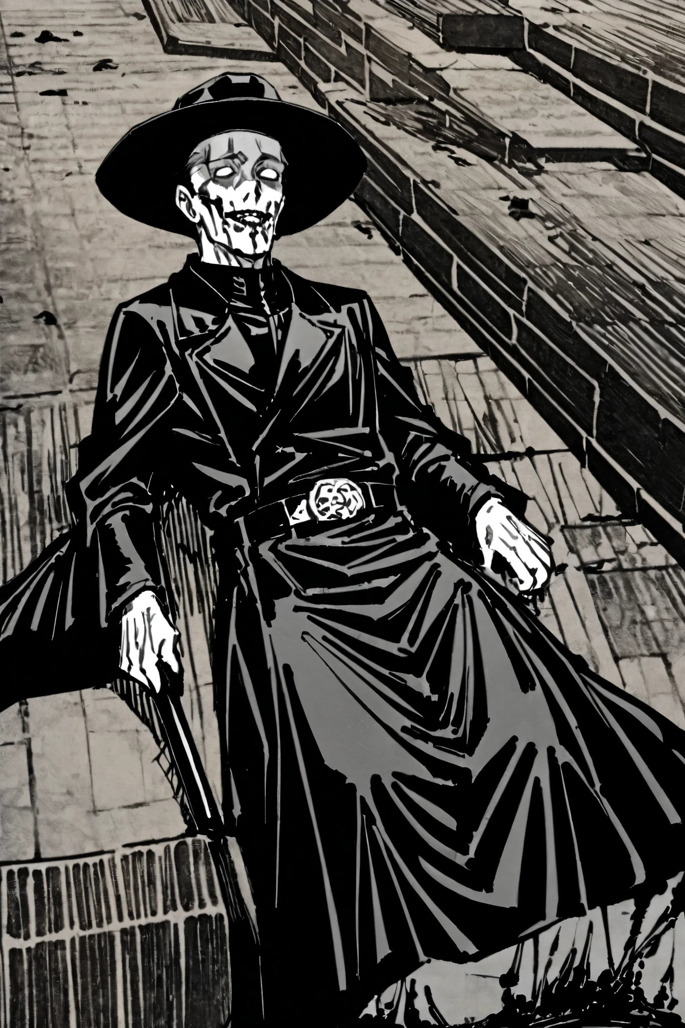 Morgan Lynch is a tall man, slender and hunched, with his face gaunt and dark circles under his eyes. His skin is as pale as the dead he buries, and his mouth always seems crooked in a funeral smile.
He wears a wide-brimmed hat and a long black coat, with a leather apron covered in dirt and dried blood.
On his belt he wears a row of rusty nails, and on his back , a worn shovel with scratch marks.
But the strangest thing is that, Every time he takes a step , the ground beneath him seems to sink, as if he were stepping on soft dirt... as if the earth itself was waiting to swallow it.