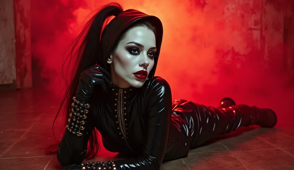 a beautiful woman (((con an extensive head of hair (((the day))) long prenzil six feet long)))Adriana Lima wearing (((a fuchsia leather jumpsuit combined with black))) black leather gloves and boots kneeling blood around him many rats around him and a lot of blood ((((an extensive head of hair (((the day))) six-foot-long prenzil)))) reflection of her in her blood logo Marvel universe