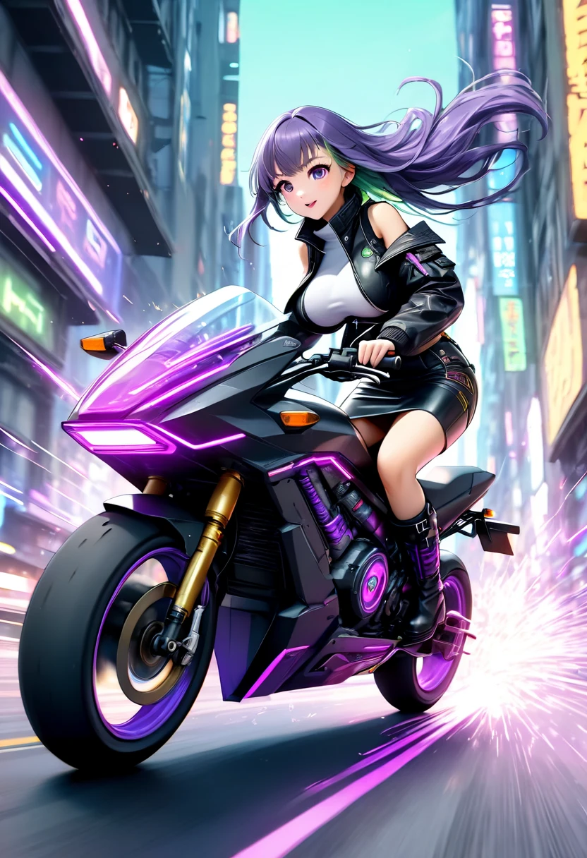 score_9, score_8_up, score_7_up, source_anime,masterpiece, best quality, high resolution, extremely detailed CG, absurdres, highres, a girl driving a motorcycle at high speed on a cyberpink city street in a neon night city environment, motorcycle, motor vehicle, ground vehicle, breasts, long hair, multiple girls, jacket, headgear, (motion blur)