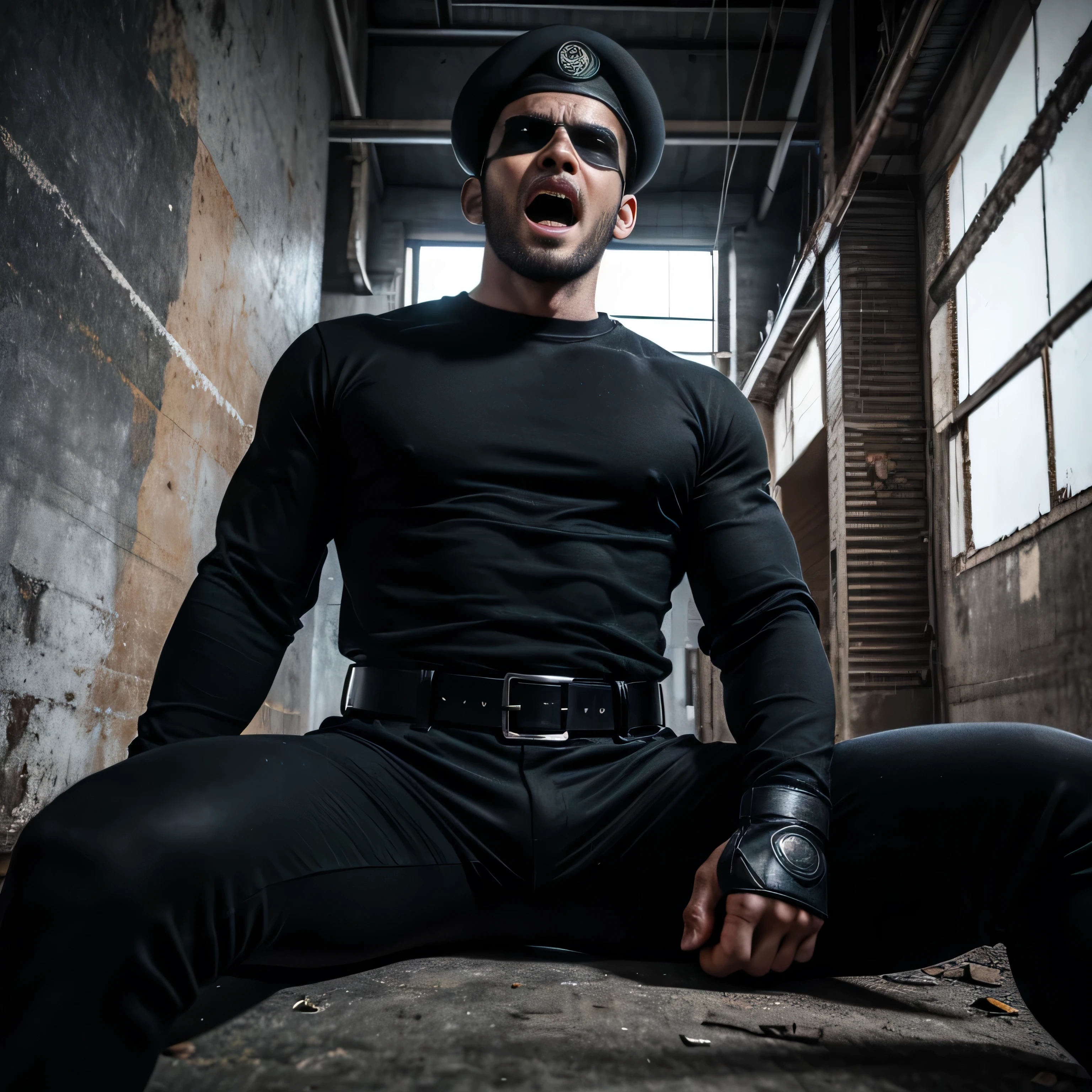 1950s, Batman handcuffed and locked in a dark cell in the basement, wearing only a tattered mask, naked without a belt, wearing only dirty, bulging white briefs, bare feet, bare hands, bruised eyes and swollen mouth, dirty and hairy body, dirty body, handcuffed hands gripping the bars and asking for help,TSH high quality photo
