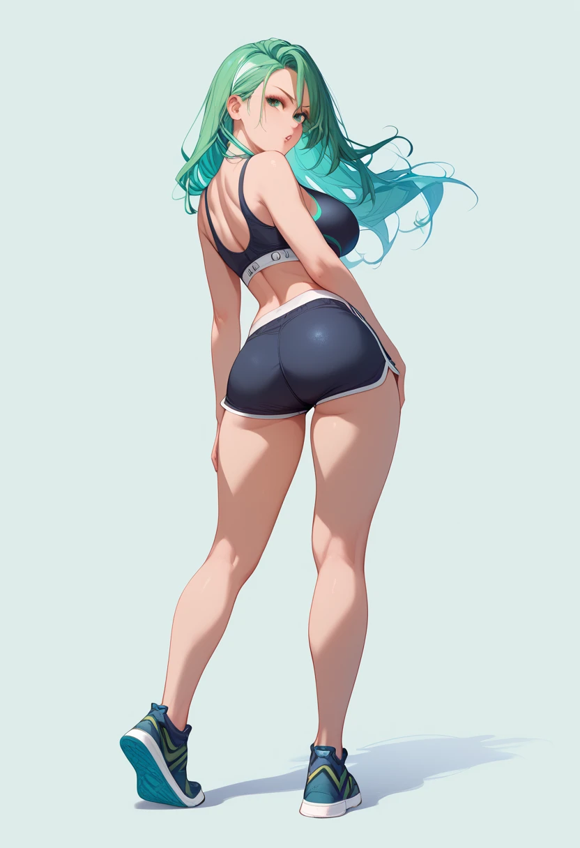 (masterpiece, best quality:1.2), 1girl, solo,((( reference sheet)))), ((( small chest))), (((black collar)), 
((long ponytail turquoise hair))), ((red eyes))), White sleeveless tank top，nsfw, nude bottom,( black pantihose),(turquoise highheels) hard nipples