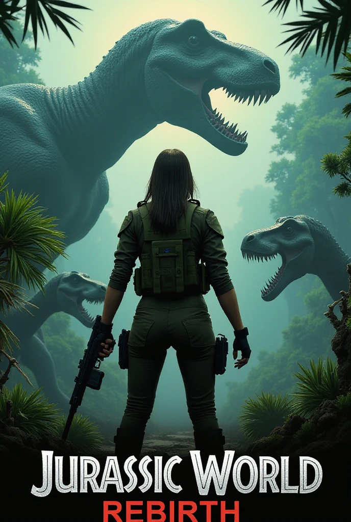 Create a movie poster for "Jurassic World: Rebirth" in 4K resolution. Feature Scarlett Johansson as Zora Bennett in a realistic tactical outfit, gripping a rifle, standing on a misty equatorial island with a towering Titanosaurus and a menacing Spinosaurus emerging from the jungle behind her. The title "Jurassic World: Rebirth" is in bold, metallic silver font with a prehistoric texture at the top. Use a high-definition palette of dark greens, fiery oranges, and deep grays for an intense, dino-thriller vibe.