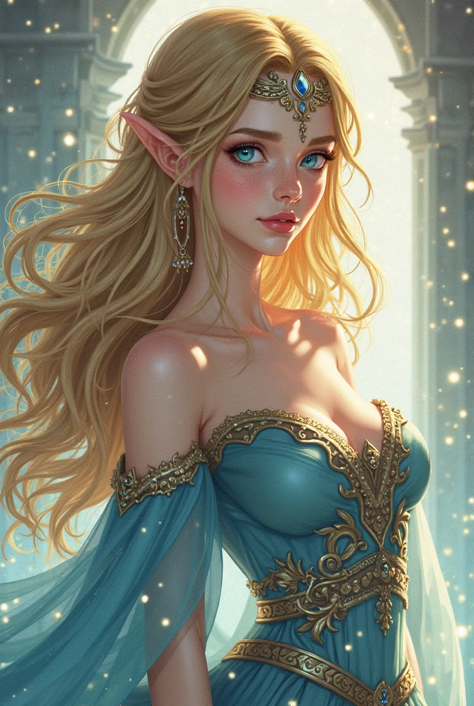 "Elf with a captivating gaze, ethereal beauty, flowing golden hair, adorned in intricate elven attire, surrounded by mystical forest, soft sunlight filtering through lush greenery."