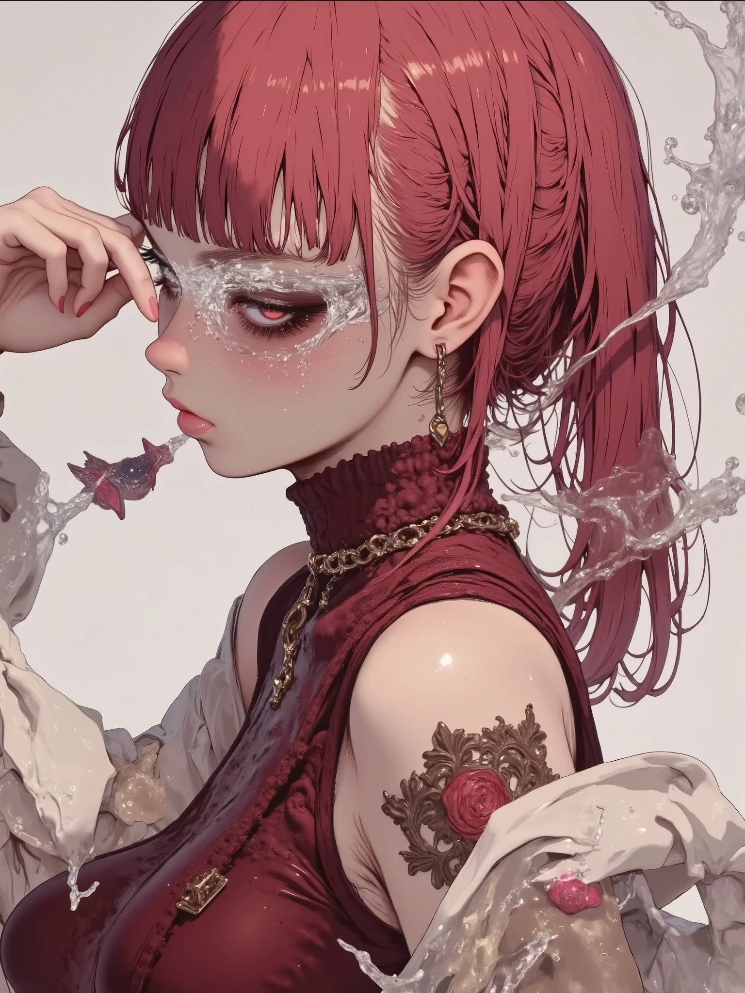(((Sensual and ugly:1.7)))、(Bitch Girl:1.5)、(1 girl)、(red hair)、ponytail、((Busty:1.2))、In the red shower、(Ahegao, Sad face)、Violent movement、,(lHip Hop Fashion:1.1),