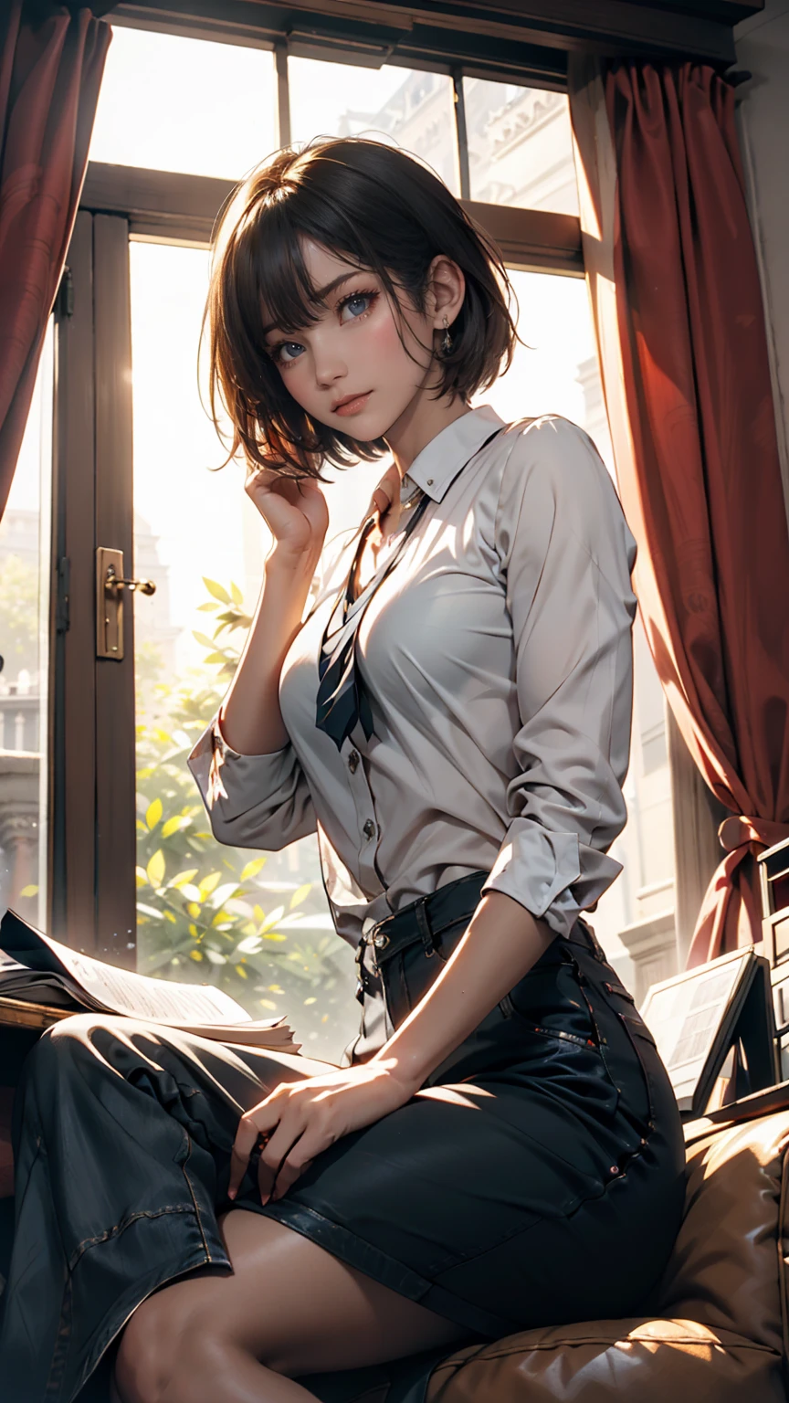 absurdres, RAW photo, extremely delicate and beautiful, masterpiece, Best Quality, ultra high resolution, 32k, hyperrealistic, ultra-detailed, perfect figure, tearful mole, earring, whole body shot, short medium hair, wavy hair, collared button-down shirt, blazer, skirt,