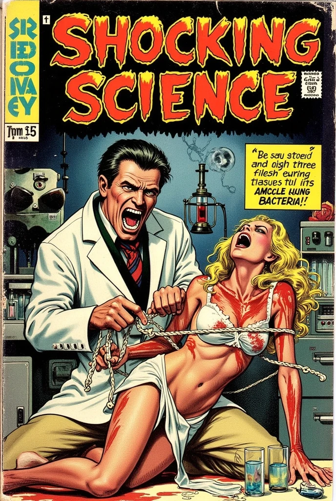 comic image of topless clothed group of three people screaming eyes wide open,mouth wide open and their cerebrum is showing with wires leading to a big top hand