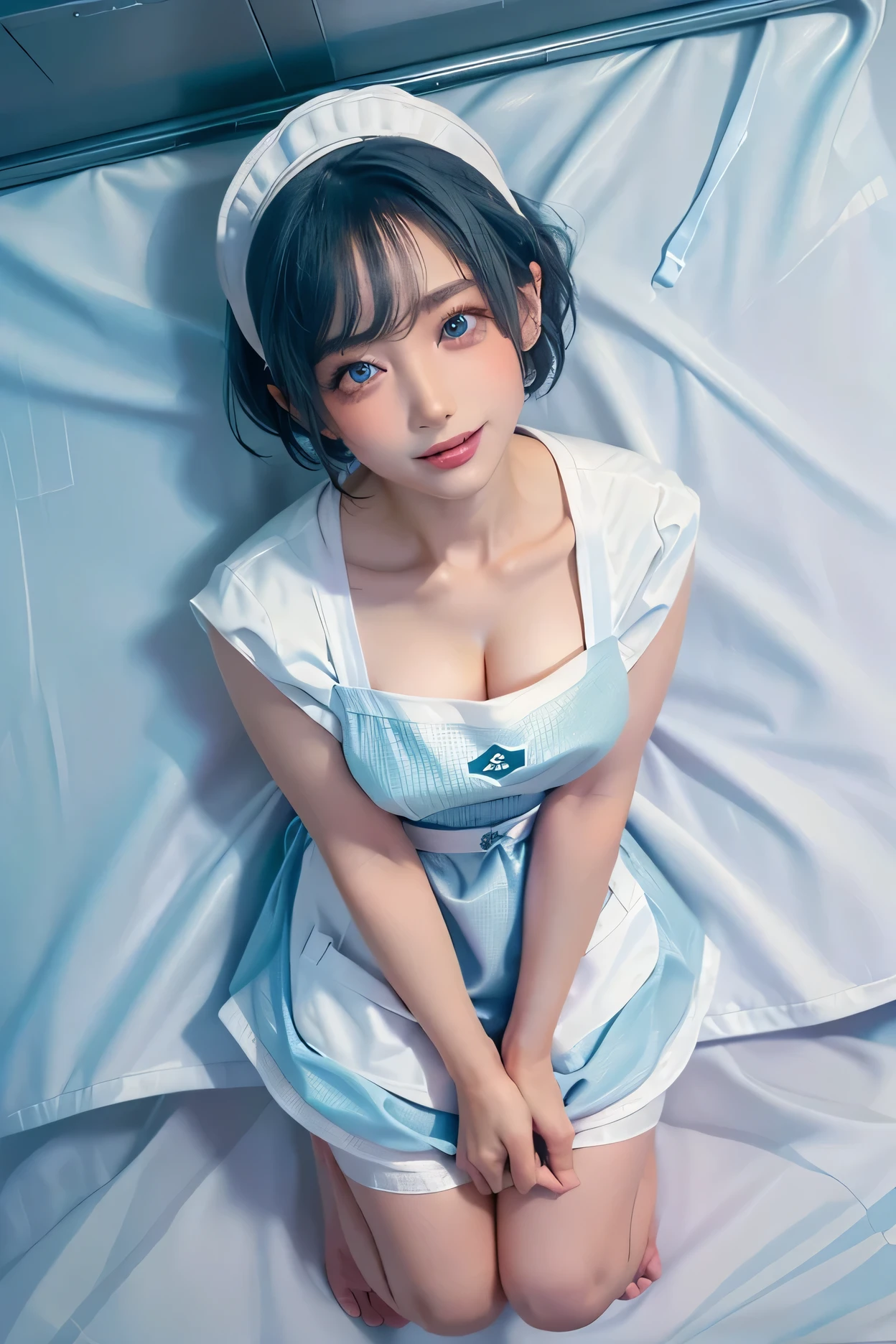 ((Highest quality)), ((masterpiece)), ( exhaustive), one girl, (White European:1)、( Modest Smile:1)、(beautiful shiny light blue hair、beautiful eyes)、(droopy eyes:1)、Shiny pink lips,is blushing terribly、legs spread wide:1、( full body shot :1)、( wearing an apron:1.5),(sweaty skin:1),(from above:2)、(on white sheets:1.5),