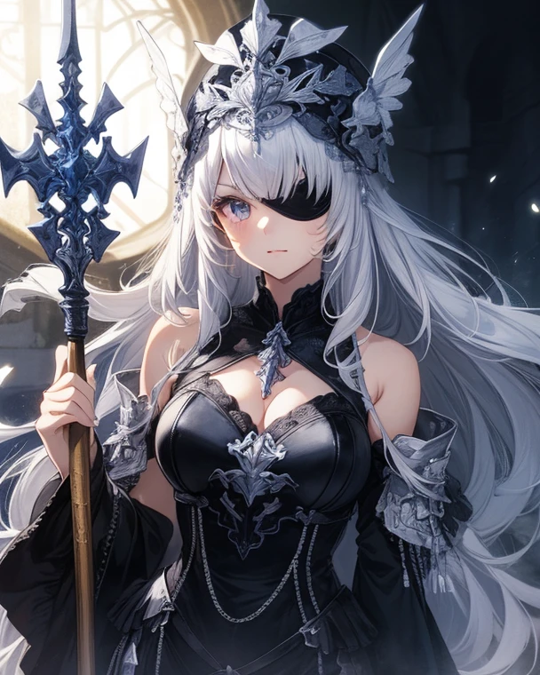 Anime girl, white hair, ((white skeleton)), red flower, ((big boobs)) , illustration, 25 year old, bone, skull, ((bust-up)), red eyes, black dress, black collar, luxurious,