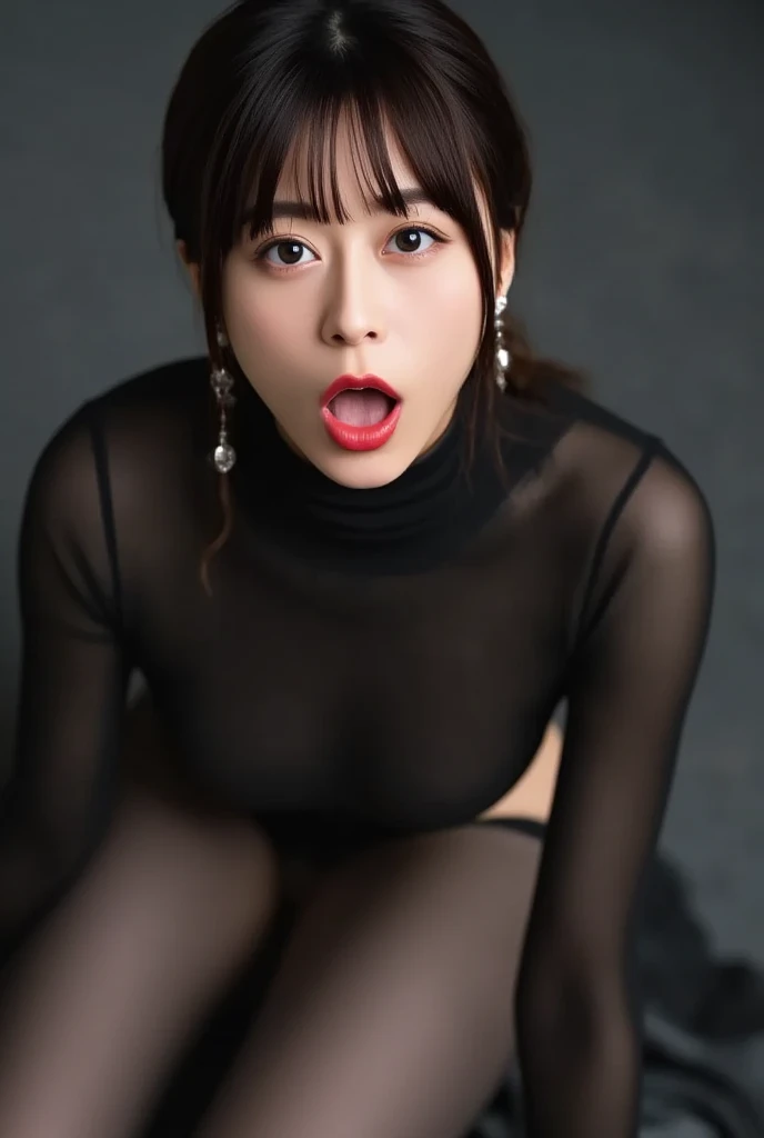 One girl, Black Random Formal Dress, White Background, Big Breasts、Put your chest close、Nipples、ピンクで突起したNipples、On all fours、A big smile、Open your mouth、Stretching out the tongue