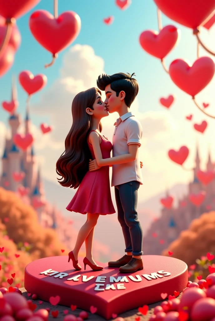 A animated boy and girl standing in black coat 
dress with orange colour heart background And falling more red roses