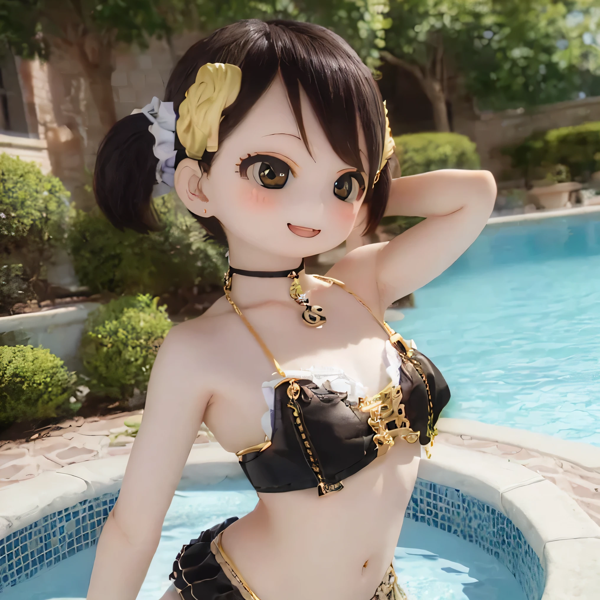 (SFW:2), photorealistic, realistic photo, ((highest quality)), ((masterpiece)), (extremely detailed), kukolnydom, doll, (mature woman, 22yo, 22 years old:1.6), solo, ((cowboy shot, dynamic pose)), (skinny, slender, slim, parted lips), green eyes, brown hair, (looking at another, gradient eyes, shining eyes, detailed eyes, detailed face:1.3), golden bikini, poolside, 8k