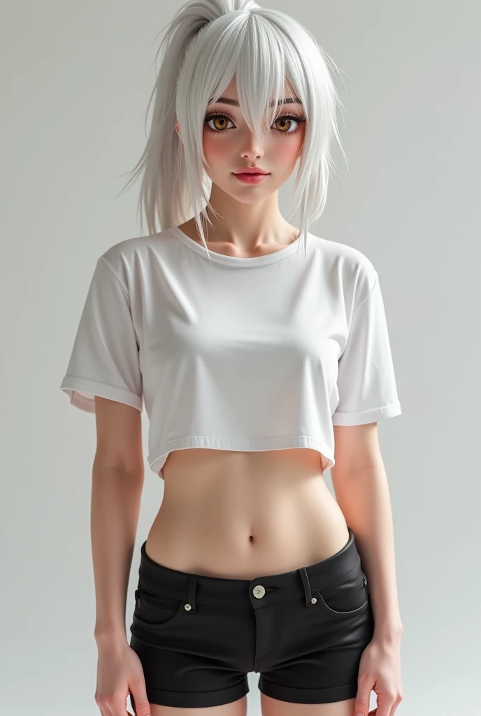 medium length white hair and white cat ears white t-shirt blue shorts blue eyes smile on her face tail behind her medium size breasts cat girl
