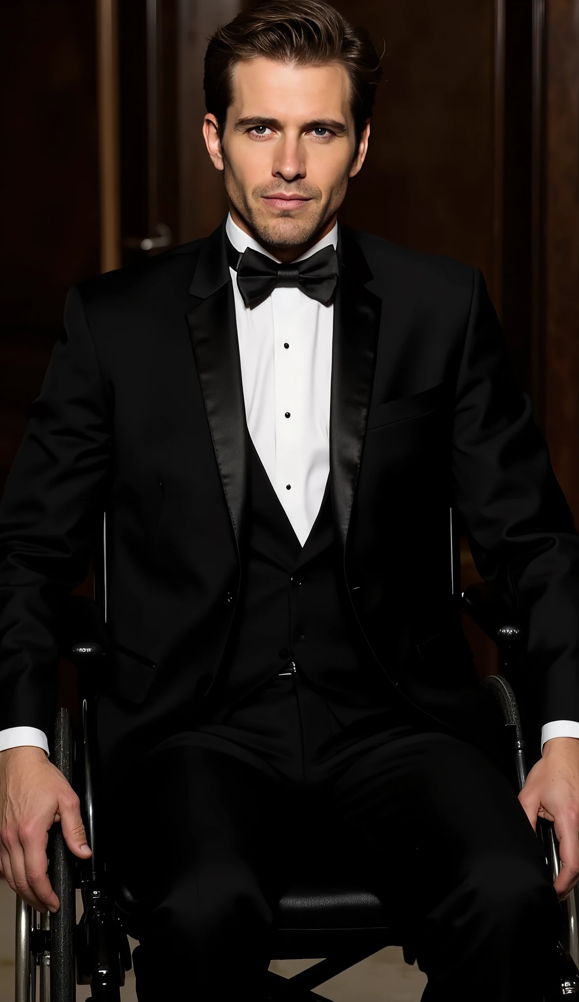a man with light skin and short brown hair, is seated in a wheelchair, wearing a black tuxedo with a white shirt and tie.