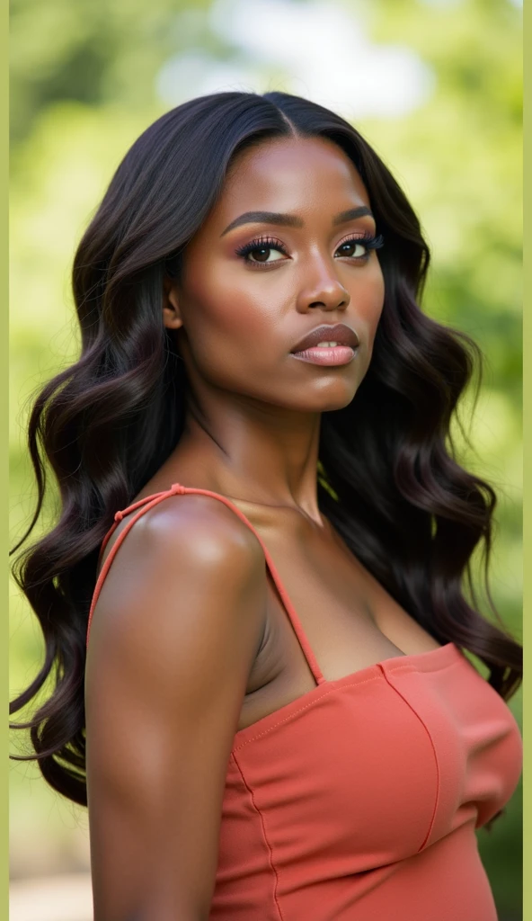 HYBRID FACE BETWEEN NAOMI CAMPBELL AND BEYONCE, BUST IMAGE STYLE, STUDIO IMAGE STYLE, BLACK INFINITE BACKGROUND, DIFFUSED LIGHTS ON FACE, STRONG BACK LIGHTS, CLOSE FACE SHOT, BLACK LONG HAIR, HUGE STRAIGHT LONG HAIR, VERY VOLUMOUS HAIR, DARK EYEBROWS, SOFT DARK SKIN, HIGH CHEEKBONES, ROSY CHEEKS, GORGEOUS LIPS, SOFT LIPSTICK, FREE COLLAR BODY REGION, VOLUMOUS BREASTS, STRAPLESS CLEAVAGE, ENIGMATIC FACE EXPRESSION, HIGH QUALITY IMAGE, MASTERPIECE, 8K