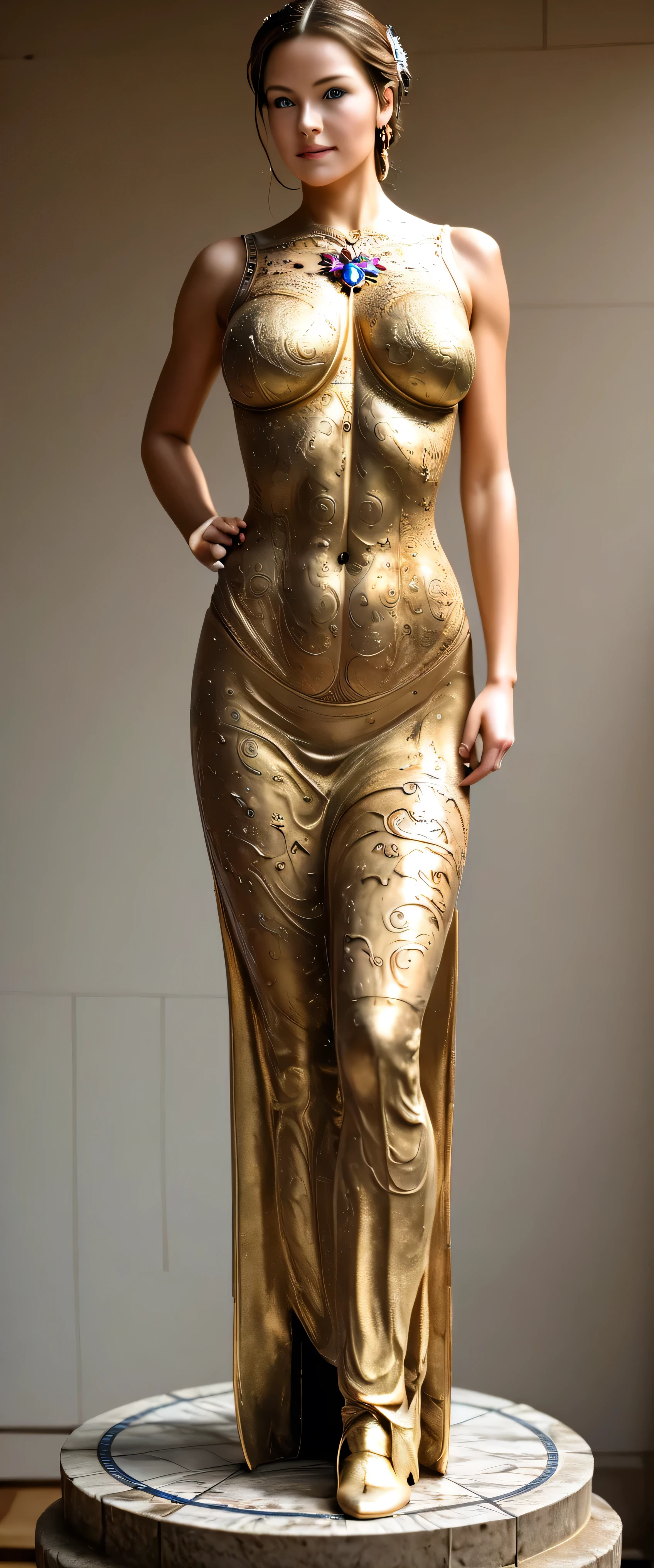a terracotta statue of a female goddess that has one side of its head broke open, on display in an art gallery, gallery lighting, accent lighting, warm spotlight