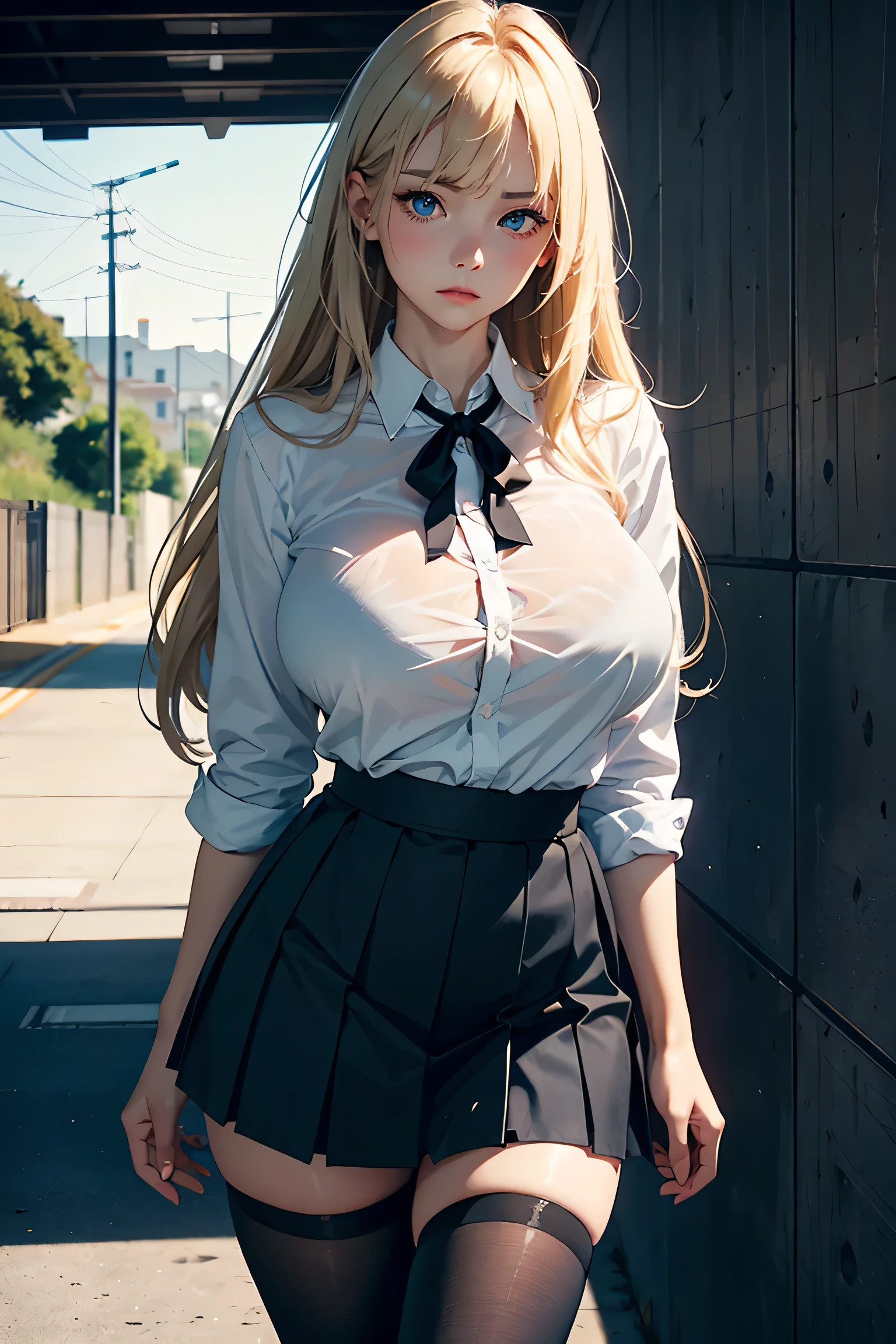 Character Focus、From above(school uniform:1.3), (Plain beige clothing around the waist:1.5), (West knot:1.3), (white collared-shirt:1.4), ((white collar, Unbutton, Short sleeve):1.2), (Red checkered pleated skirt:1.3), ((necklace, Colorful Bracelets, ×Hair accessories):1.2),
Very detailed、(8k, RAW Photos, Highest quality, masterpiece:1.2), (extremely detailed 8k wallpaper),shape、Professional Lighting,Sharp focus, Written boundary depth、
Browsing Caution、Clear Eyes、Perfect Anatomy、With a girl、15-year-old student、Black gal(Dark Skin:1.2)、smile、Plump thighs、Huge boobs、Fully exposed、Big Breasts,(gap between buttons:1.4)、Lift up your skirt、blue eyes、blonde、(Compensate:1.1)、(Below-the-knee loose socks:1.2)、Are standing、On the street